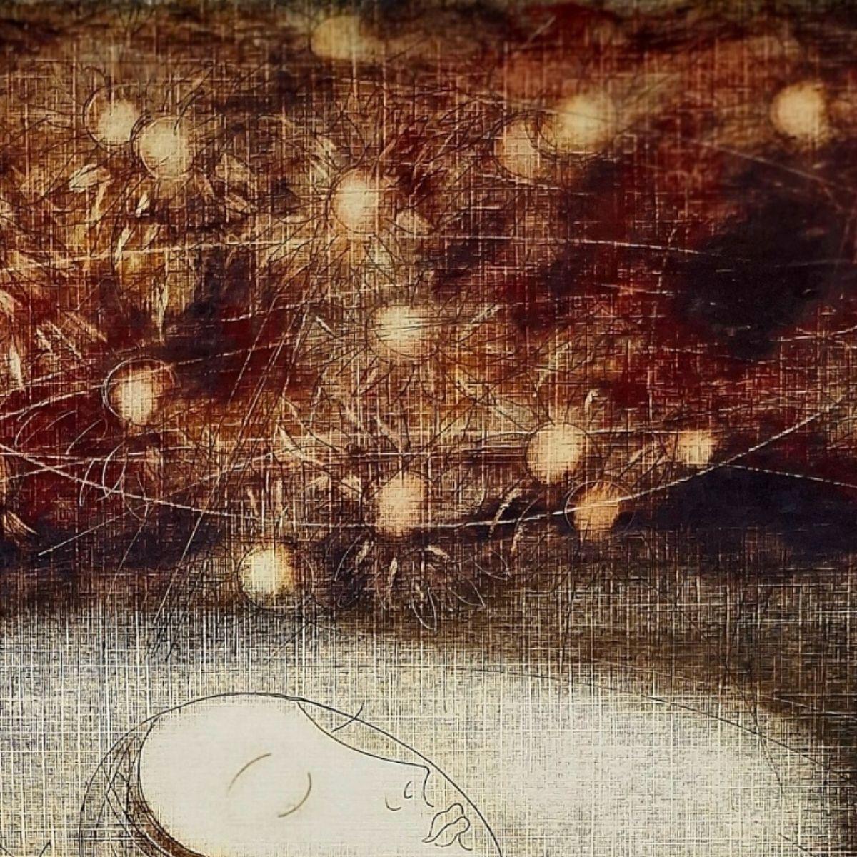 Zeitgenössischer figurativer Akt-Monotypie-Druck des weißrussischen Künstlers Siergiej Timochow. Der Druck zeigt eine sitzende Frau. Die Komposition ist monochromatisch in Dunkelbraun gehalten. Monotypie auf strukturiertem Papier. 

Timochows