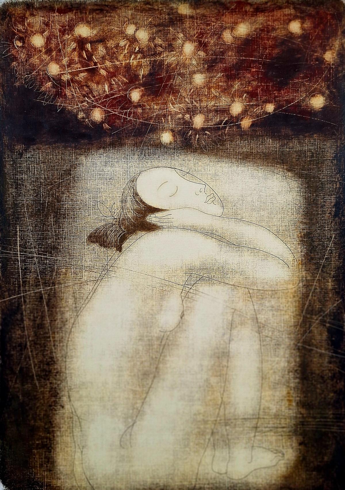 Nude with paradise apples. Contemporary Nude Monotype Print, European artist