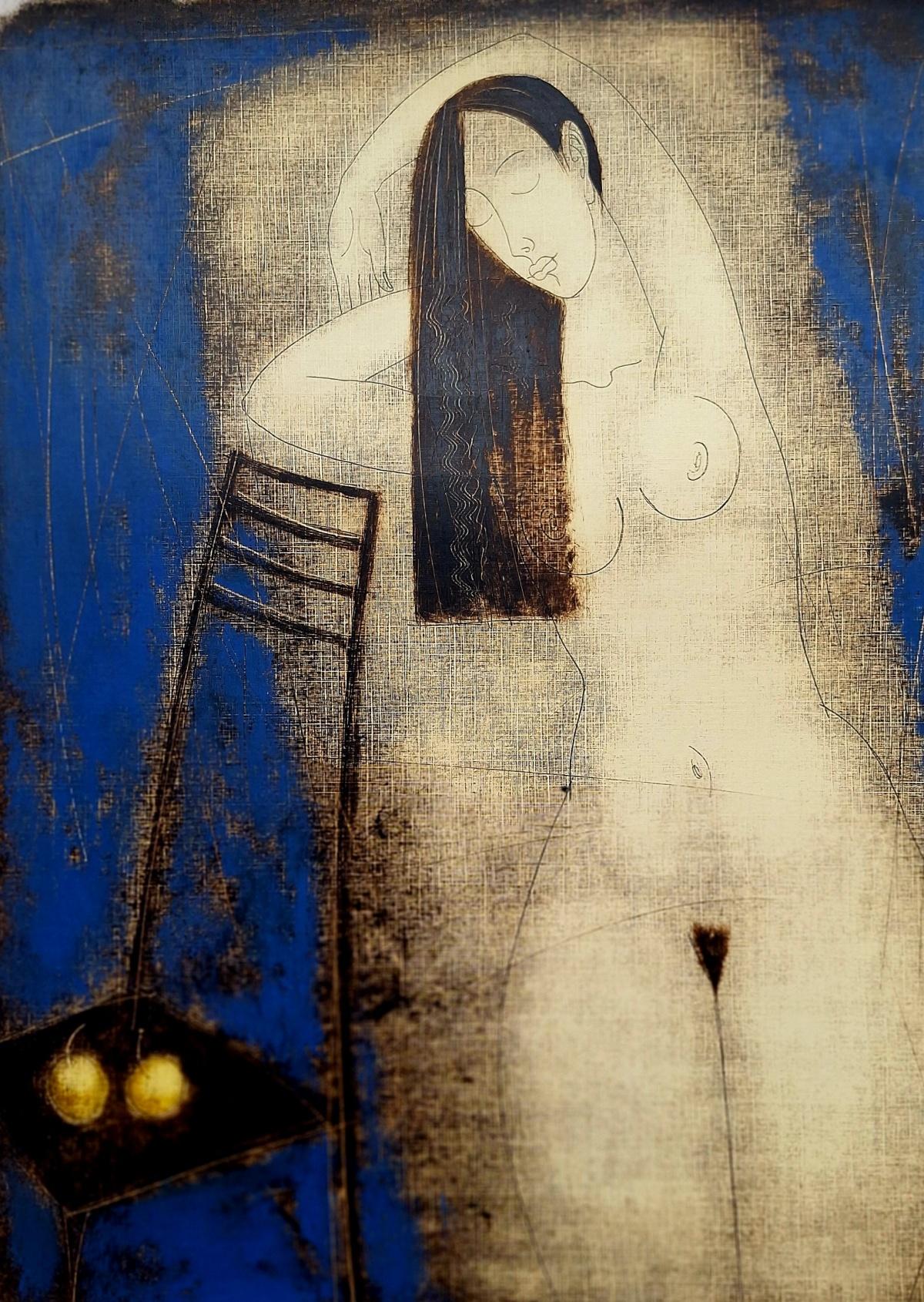 Nude with paradise apples. Contemporary Nude Monotype Print, European artist