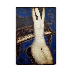 Nudo con pianoforte. Stampa monotipo di nudo figurativo contemporaneo, artista europeo