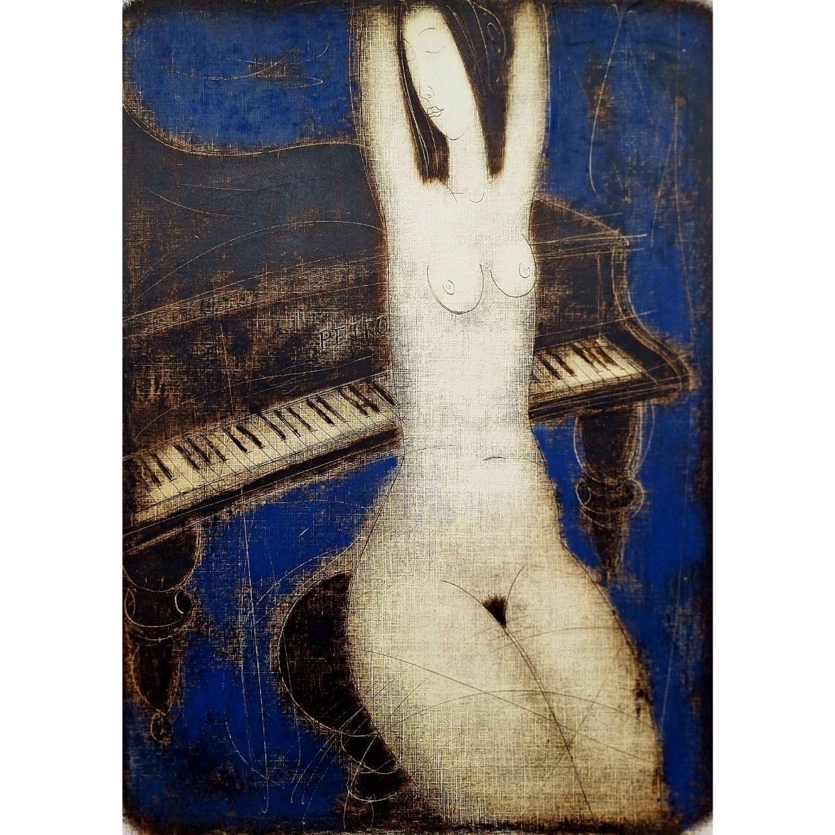 Desnudo con piano. Monotipo Contemporáneo Desnudo Figurativo, artista europeo - Figurative Print Negro de Siergiej Timochow