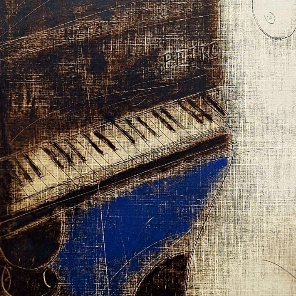 Monotipo contemporáneo de desnudo figurativo del artista bielorruso Siergiej Timochow. El grabado representa a una mujer sentada. La composición es en azul y negro. Monotipo sobre papel texturado. 

Las obras en monotipo de Timochow destacan por su