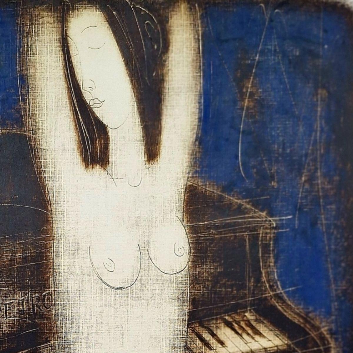 Desnudo con piano. Monotipo Contemporáneo Desnudo Figurativo, artista europeo en venta 1
