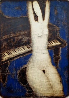 Nude with piano. Contemporary Figurative Nude Monotype Print, European artist