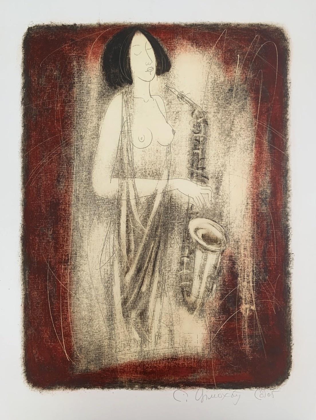 Akt mit Saxophon. Contemporary Figurative Monotype Print, europäischer Künstler (Braun), Nude Print, von Siergiej Timochow
