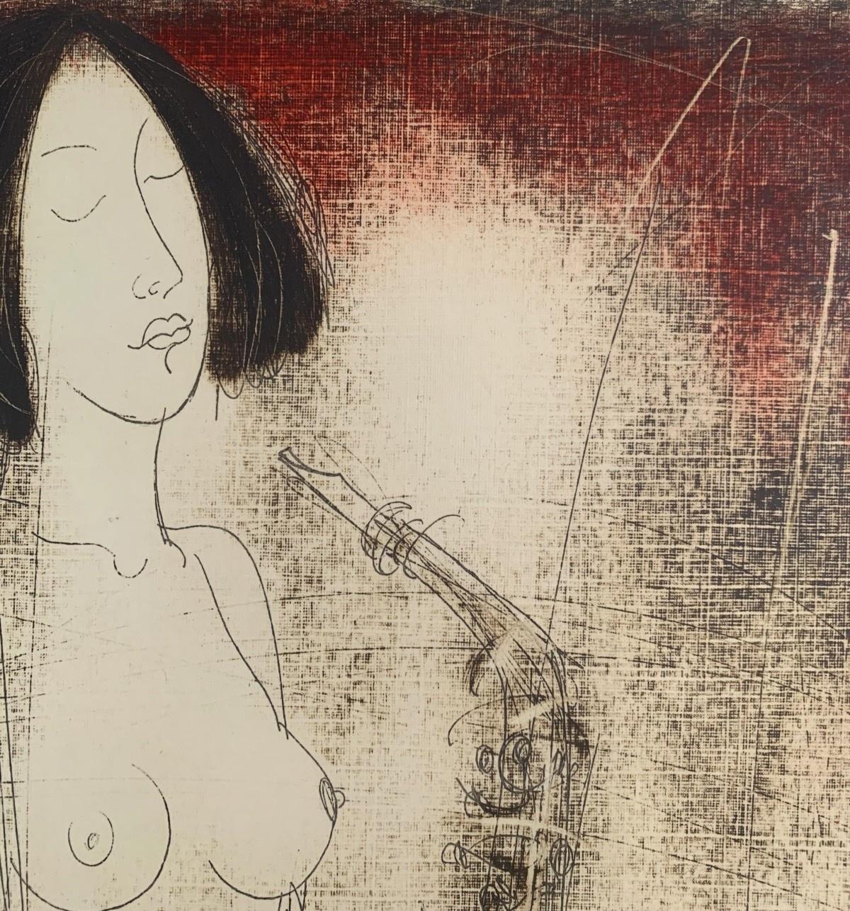 Zeitgenössischer figurativer Akt-Monotypie-Druck des weißrussischen Künstlers Siergiej Timochow. Der Druck zeigt eine Frau, die auf einem Saxophon spielt. Die Komposition ist in zwei Farben gehalten: rot und beige. Das Papier/Karton ist