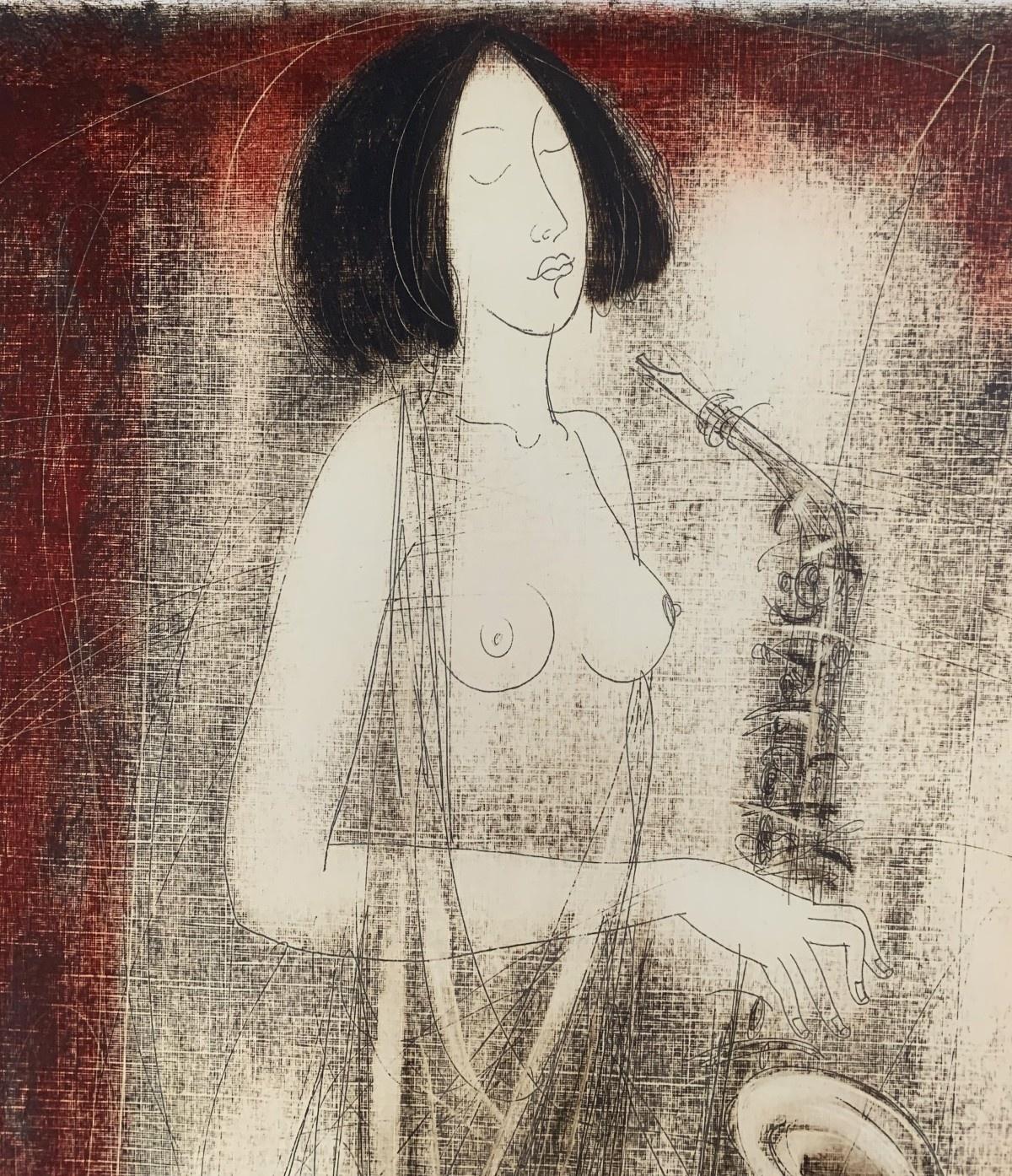 Nude with Saxophone. Contemporary Figurative Monotype Print, European artist For Sale 2