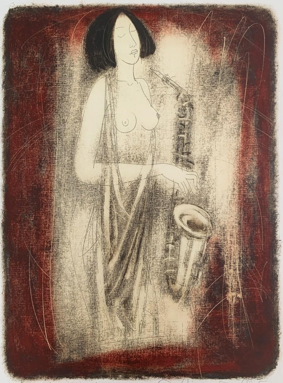 Siergiej Timochow Nude Print – Akt mit Saxophon. Contemporary Figurative Monotype Print, europäischer Künstler