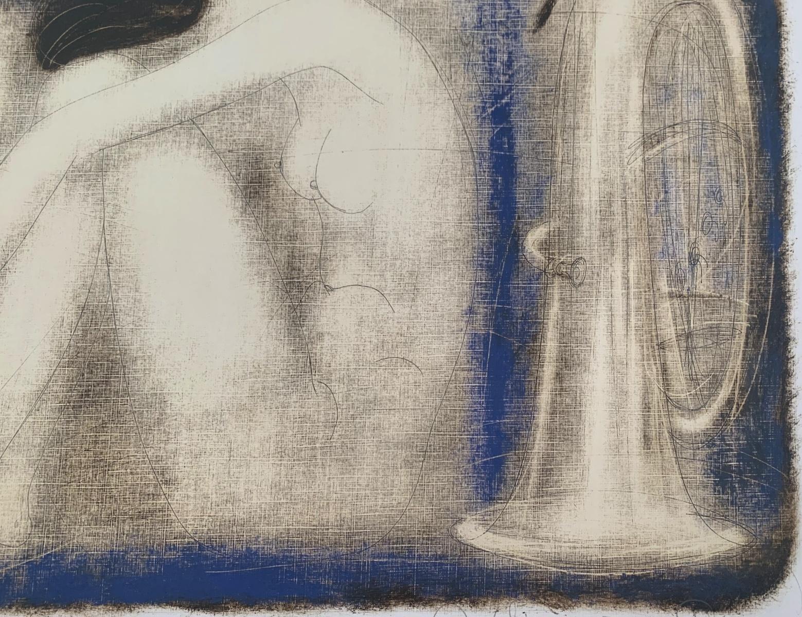 Contemporary figurative nude monotype print by Belarussian artist, Siergiej Timochow. Print depicts a woman with a tube. The composition is monochromatic in blue. The paper/cardboard is textured. 

Siergiej Timochow (b. in 1960)
He studied at an art