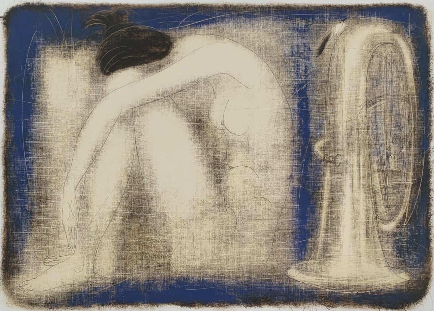 Siergiej Timochow Nude Print - Nude with tube. Contemporary Figurative Nude Monotype Print, European artist