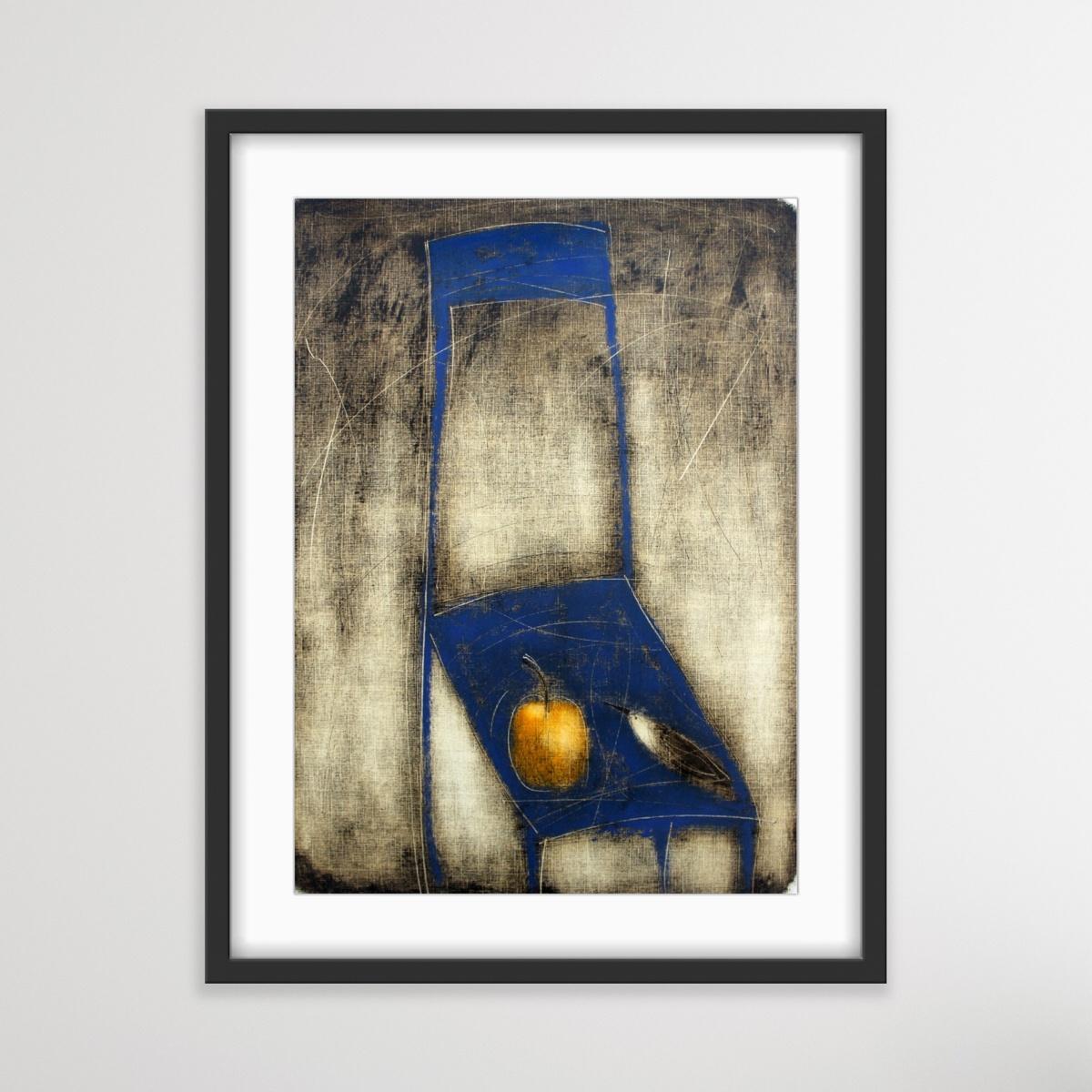 Still life with a chair - XXI Century, Figurative Monotype Print, Bird, Apple For Sale 1