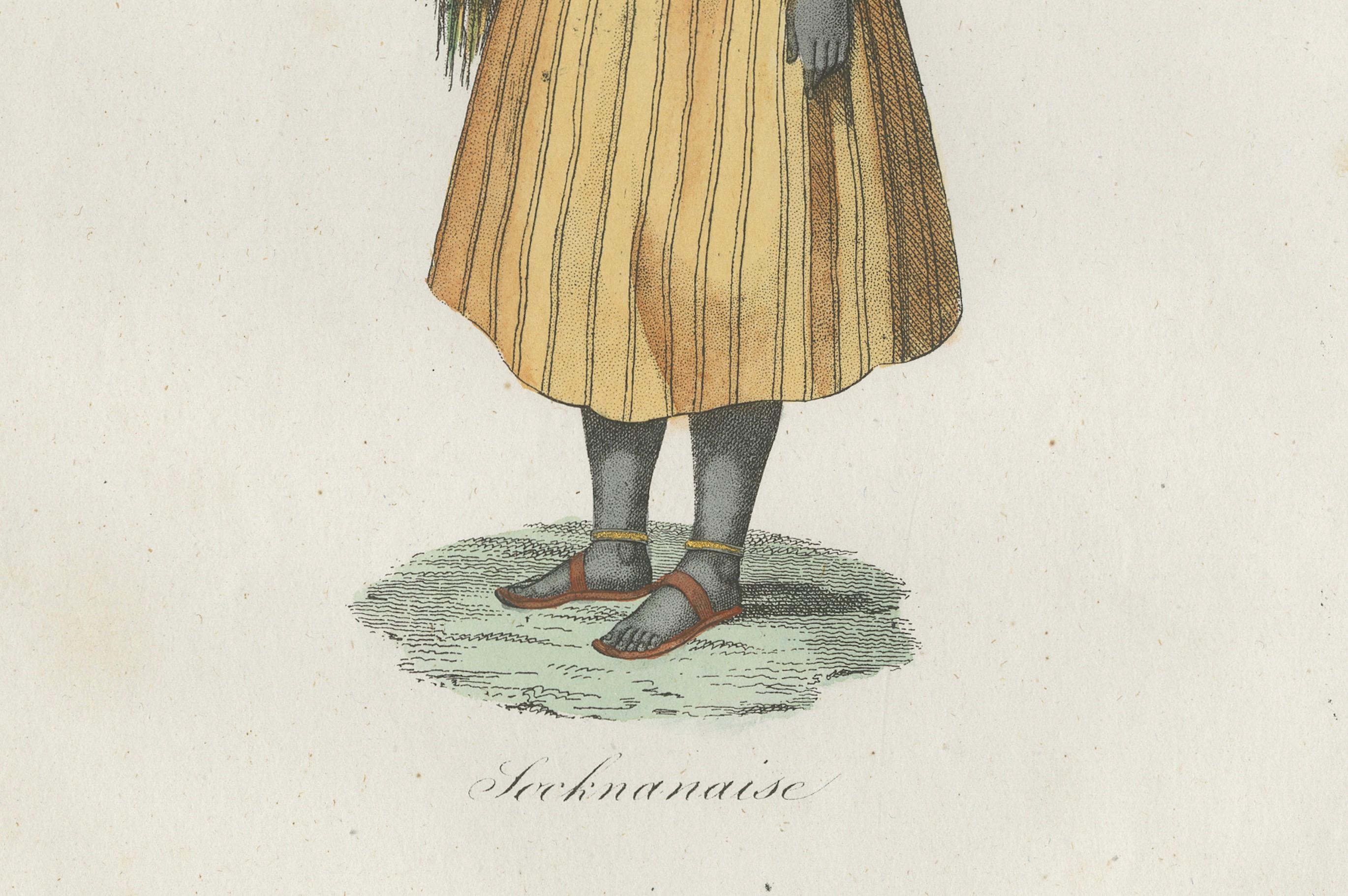 Sierra Leone Woman Costume Print – Antique Hand-Colored Lithograph, 1854

Description:
This antique hand-colored lithograph, published in 1854 in Album des Voyages Anciens et Modernes by Martial Ardant Frères, depicts a woman from Sierra Leone in