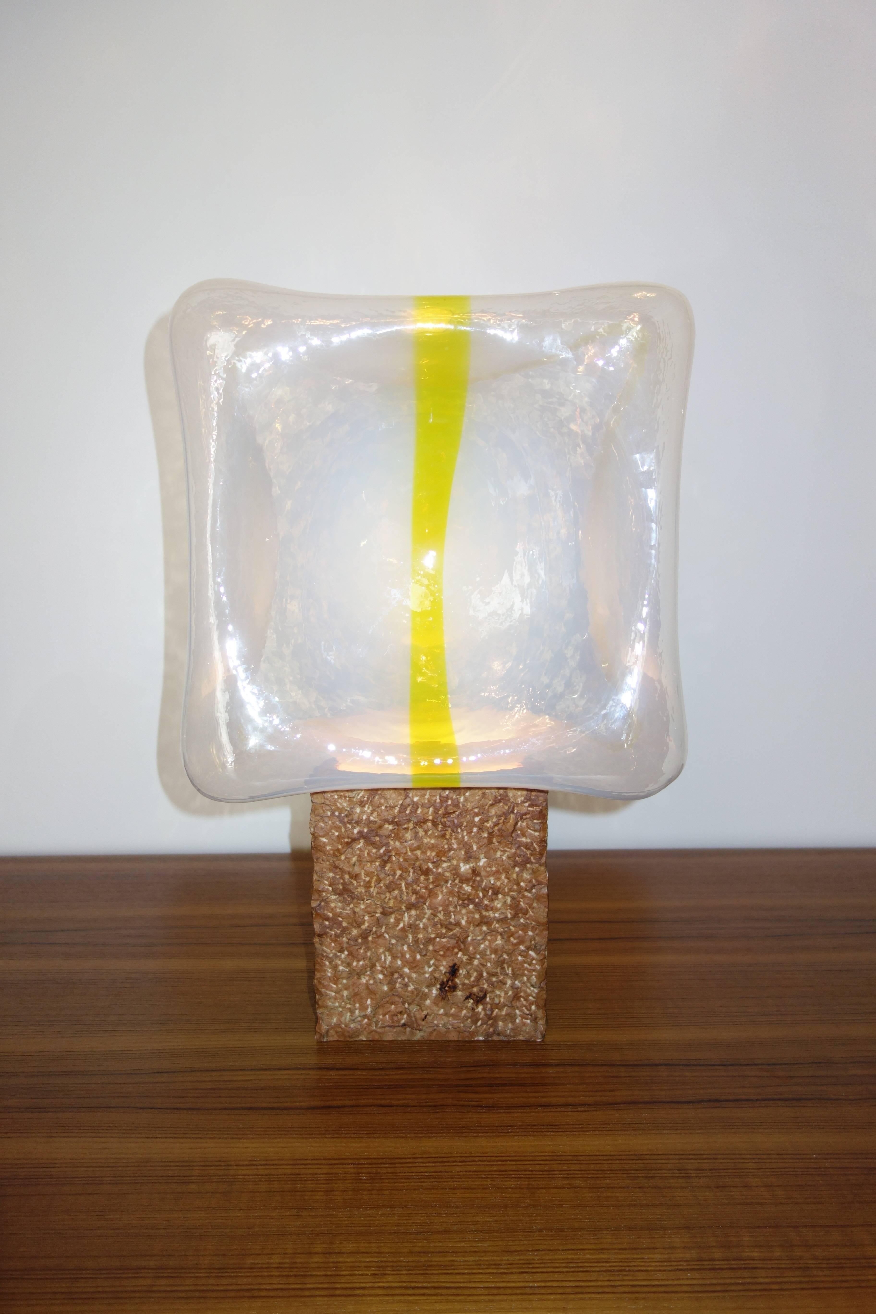 Sierra lamp by Roberto Pamio and Renato Toso for Leucos. Made in Italy in 1975. Verona marble square pedestal and blown blue Murano glass with yellow lines. Rare model for sale, craft piece of time manufactured in small quantities.