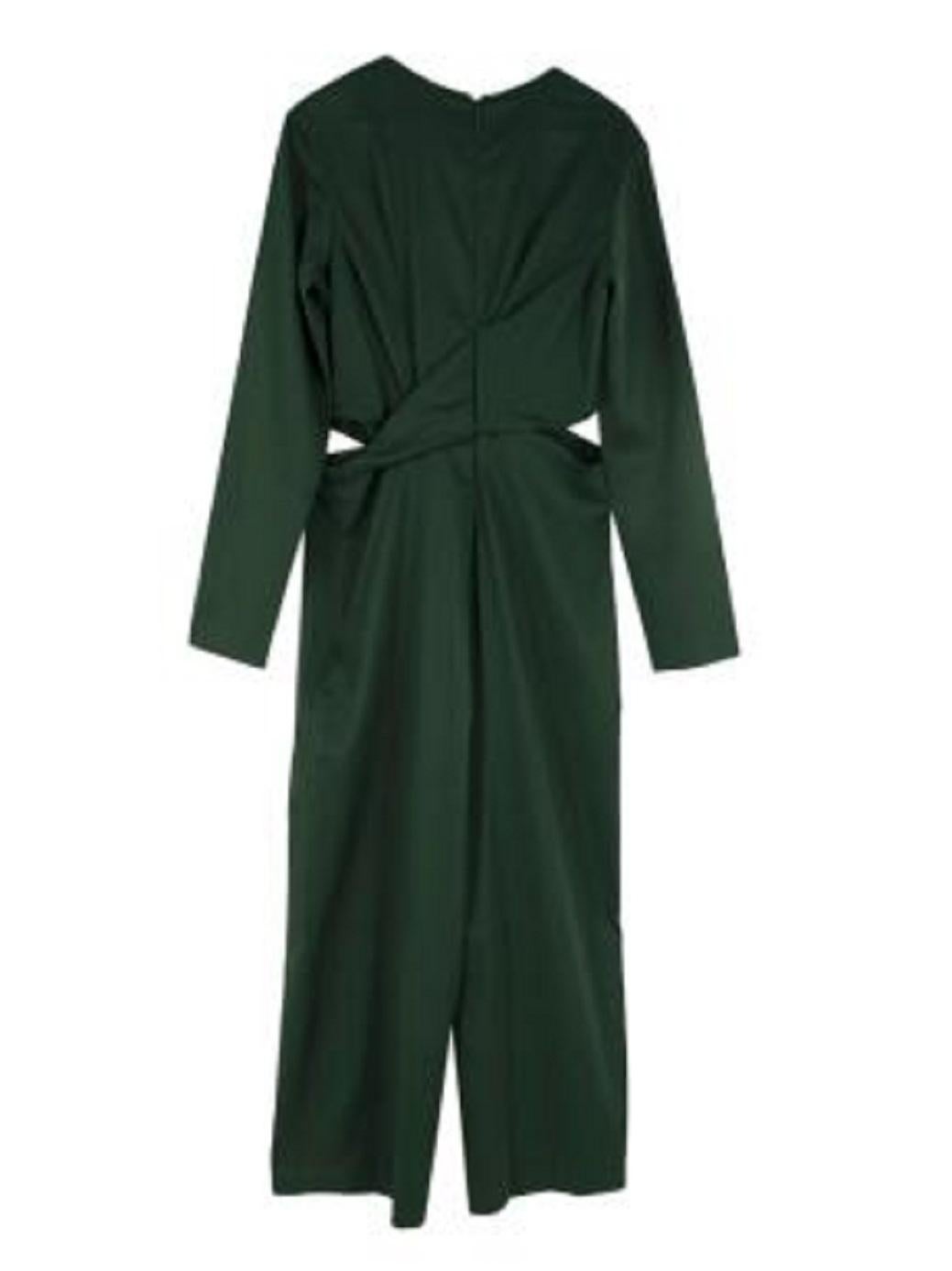 Sies Marjan Pia Bottle Green Satin Cut-Out Waist Jumpsuit In Good Condition For Sale In London, GB