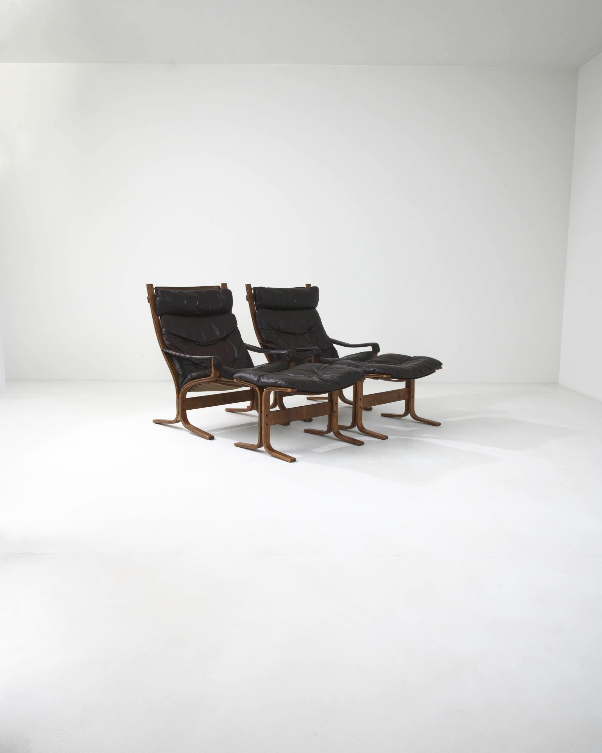 Leather “Siesta” Armchairs with Ottomans by I. Relling, a Pair
