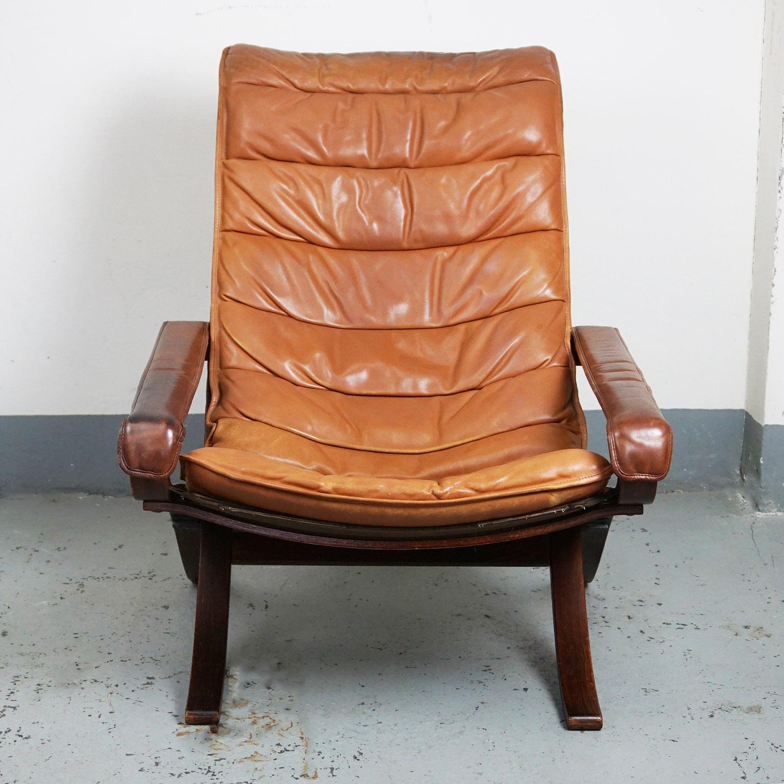 Scandinavian Modern Siesta Lounge Chair with Cognac Brown Leather by Ingmar Relling for Westnofa