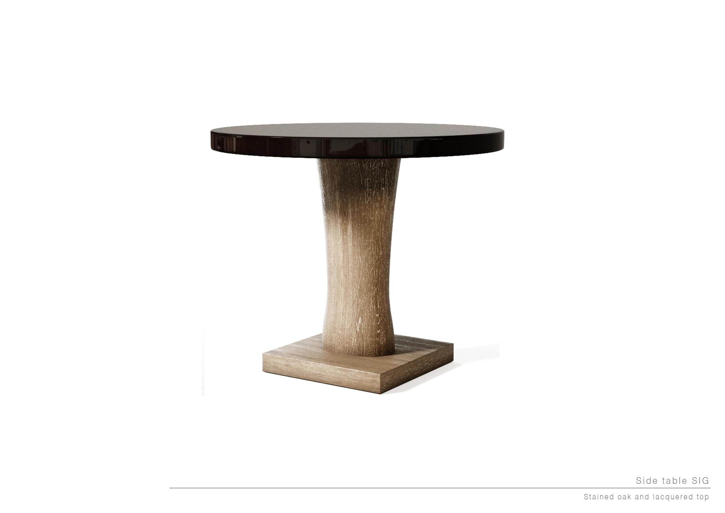 SIG side table by LK Edition.
Limited edition. 
Dimensions: Diameter 85 x height 65 cm 
Materials: Natural brushed oak, lacquer top.

It is with the sense of detail and requirement, this research of the exception by the selection of noble