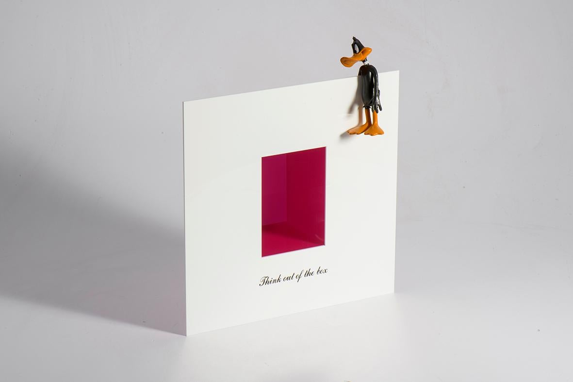 Sigal Teper Figurative Sculpture - Think out of the red box: A Playful Fusion of Text and Figurine, for wall