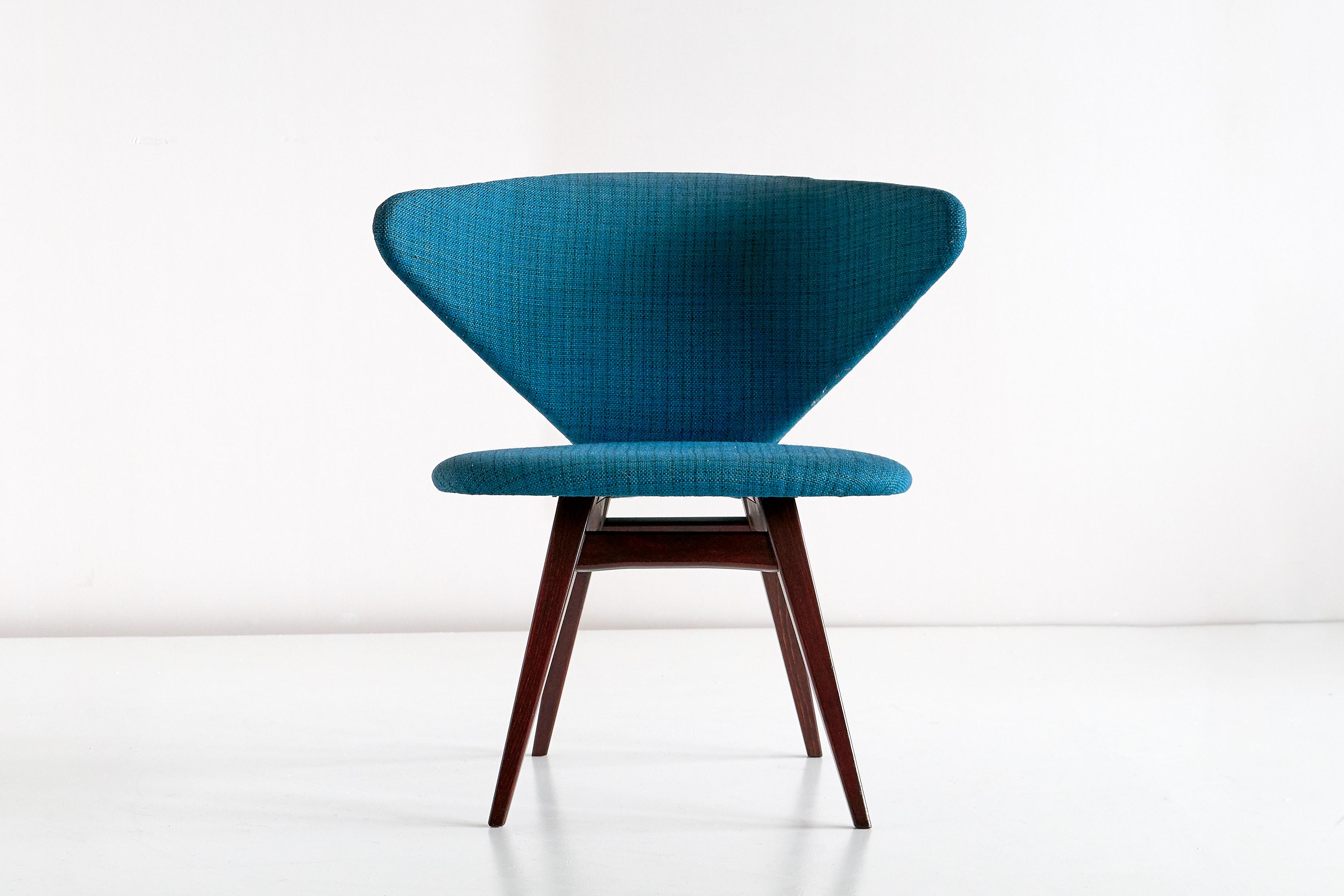 Swedish Sigfrid Ljungqvist Wing Shaped Chair, Petrol Blue Fabric and Beech, Sweden, 1958 For Sale