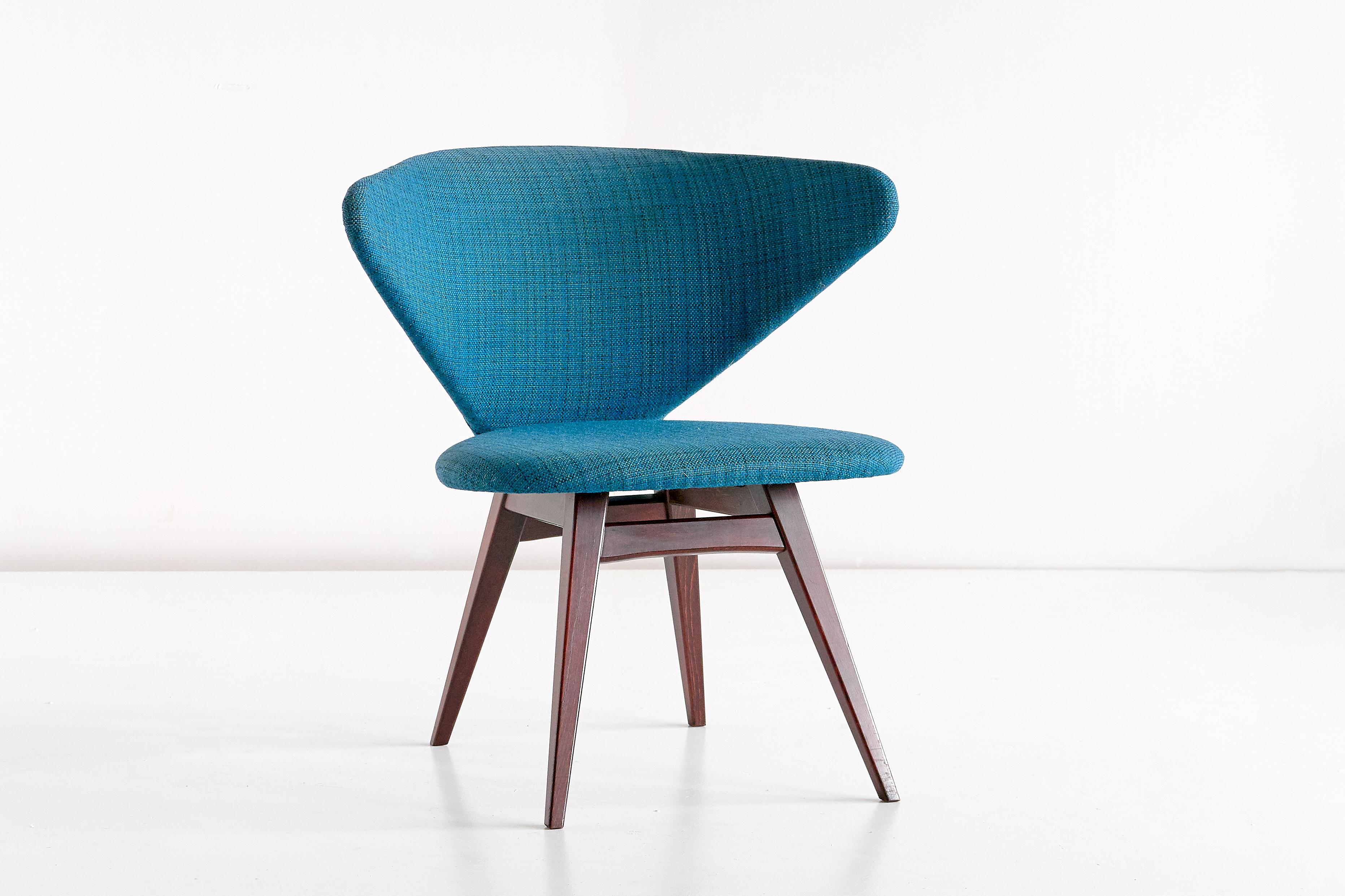 Stained Sigfrid Ljungqvist Wing Shaped Chair, Petrol Blue Fabric and Beech, Sweden, 1958 For Sale