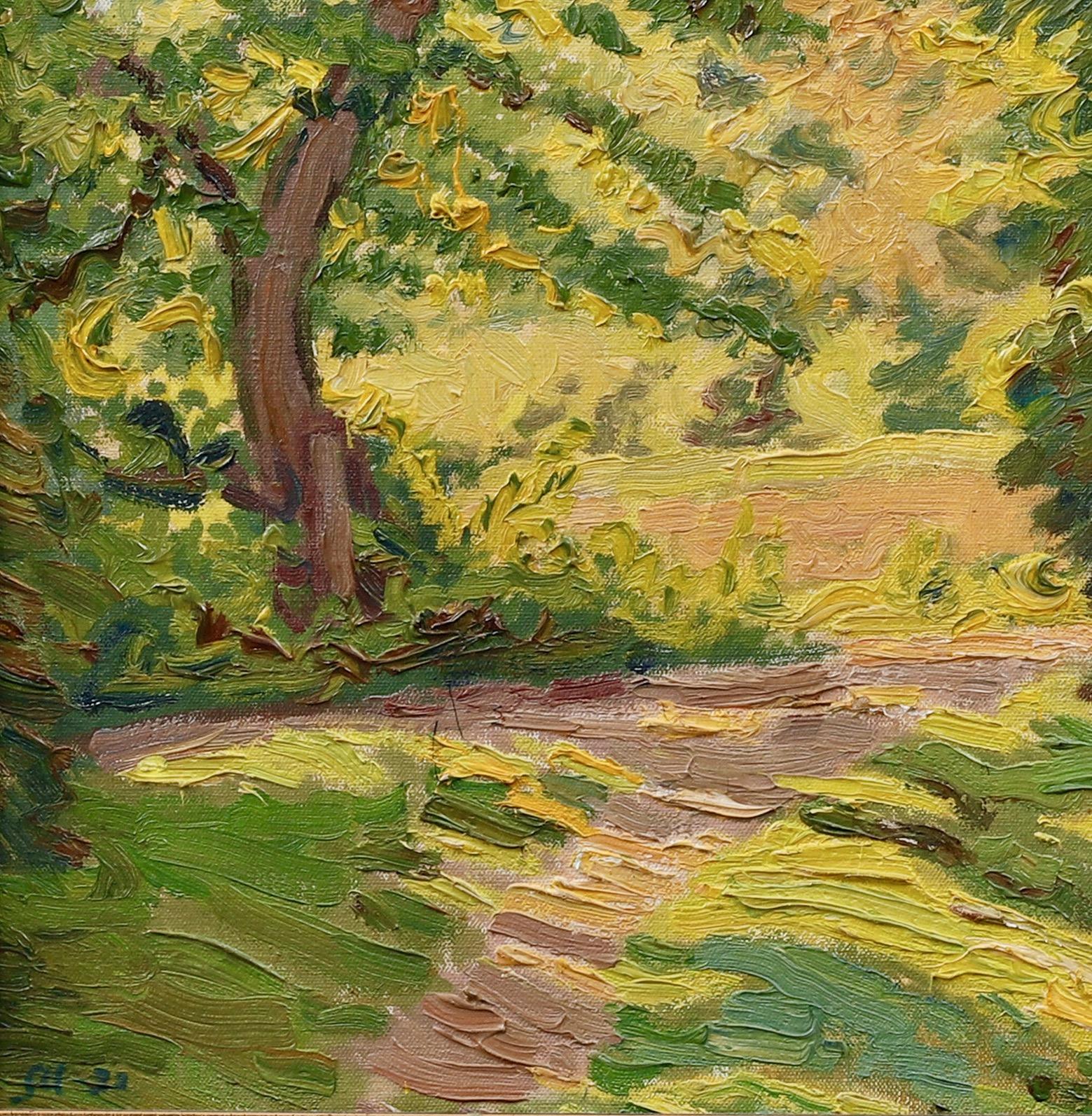 A painting of a forest clearing in intense green and yellow colors by Sigfrid Ullman (1886 - 1960). Oil on canvas laid on board. Signed with monogram SU and dated 1933.  Frame later. 
Sigfrid Ullman was a Swedish artist who started his artistic