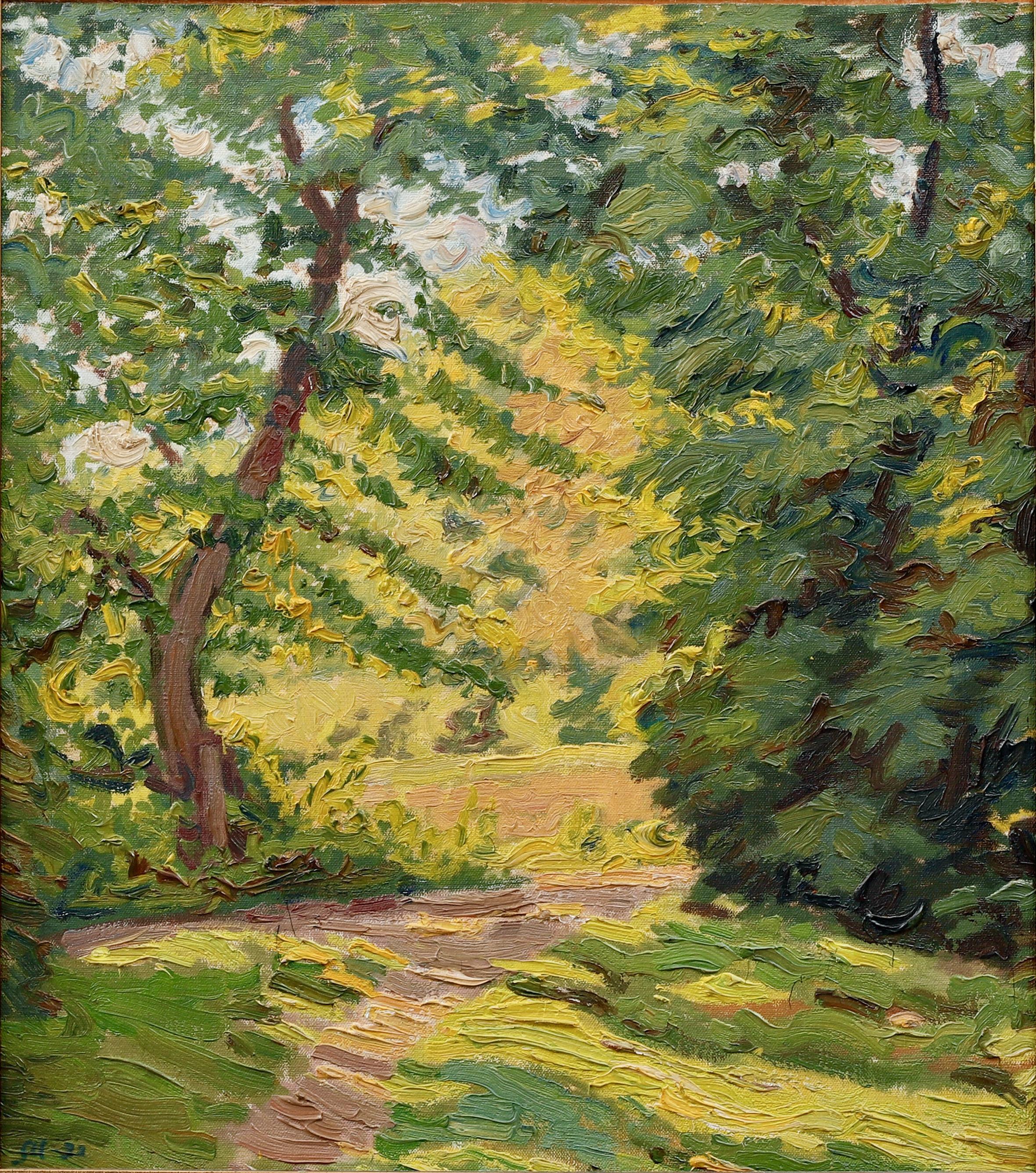 Ein Gemälde einer Waldlichtung in intensiven grünen und gelben Farben von Sigfrid Ullman (1886 - 1960). Öl auf Leinwand auf Karton aufgezogen. Signiert mit Monogram SU und datiert 1933.  Rahmen später. 
Sigfrid Ullman war ein schwedischer Künstler,
