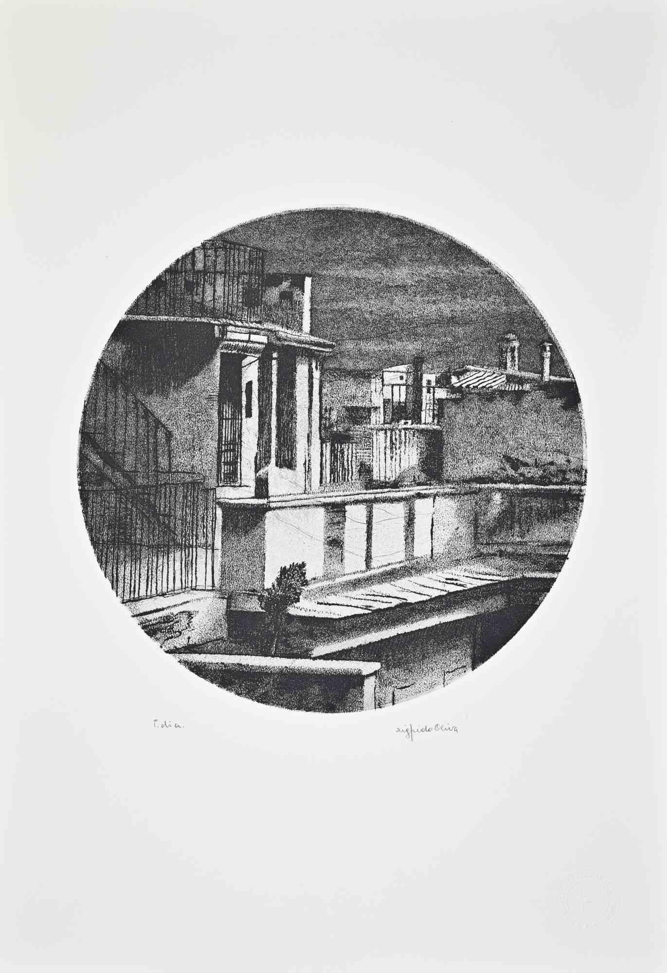 Oval Cityscape - Etching by Sigfrido Oliva - 1980s