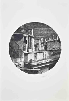 Oval Cityscape - Etching by Sigfrido Oliva - 1980s