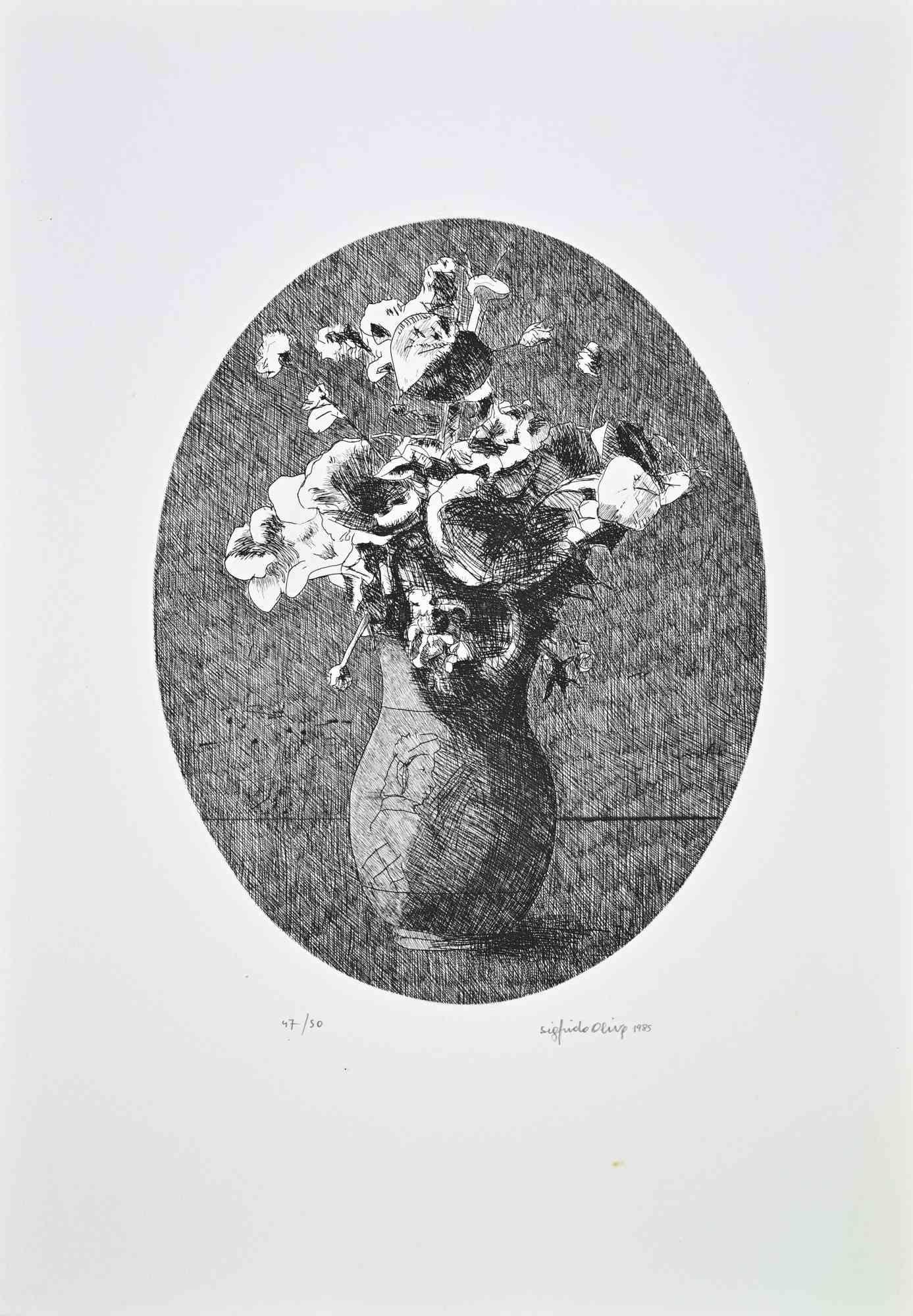 Oval Still Life - Etching by Sigfrido Oliva - 1985