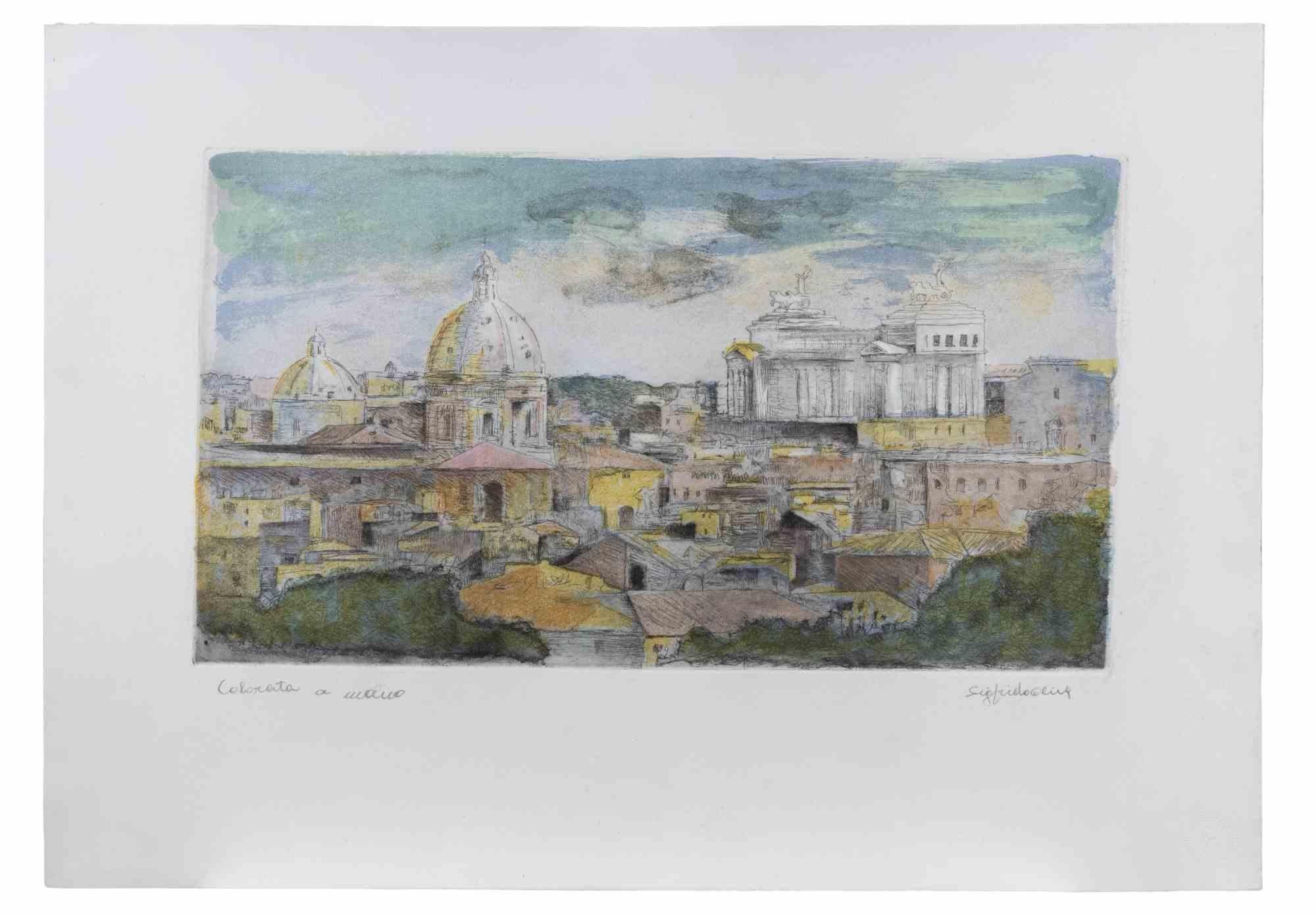 Vista de Roma - Aguafuerte de Sigfrido Oliva - Años 80