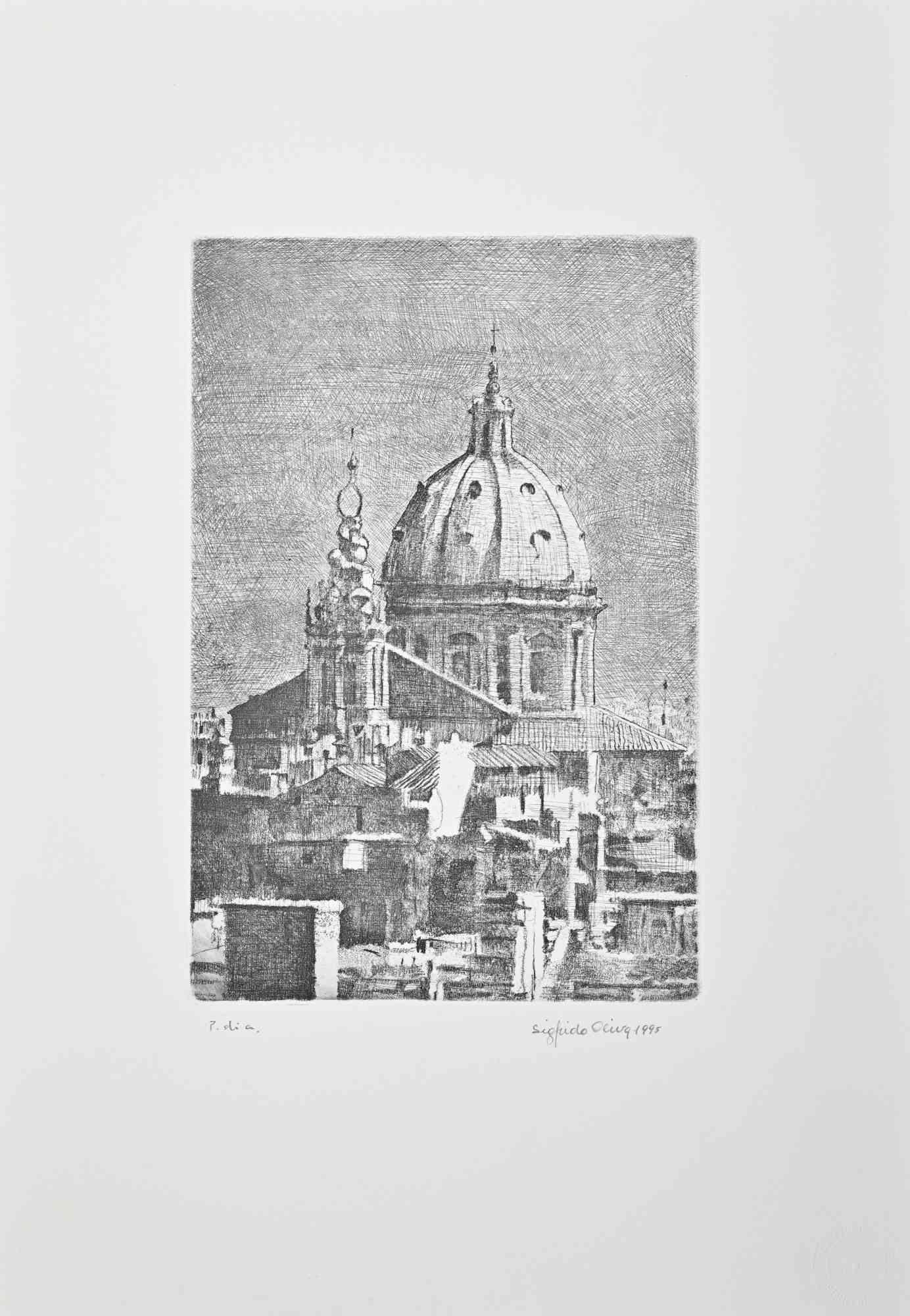 Ansicht von Rom - Radierung von Sigfrido Oliva - 1995