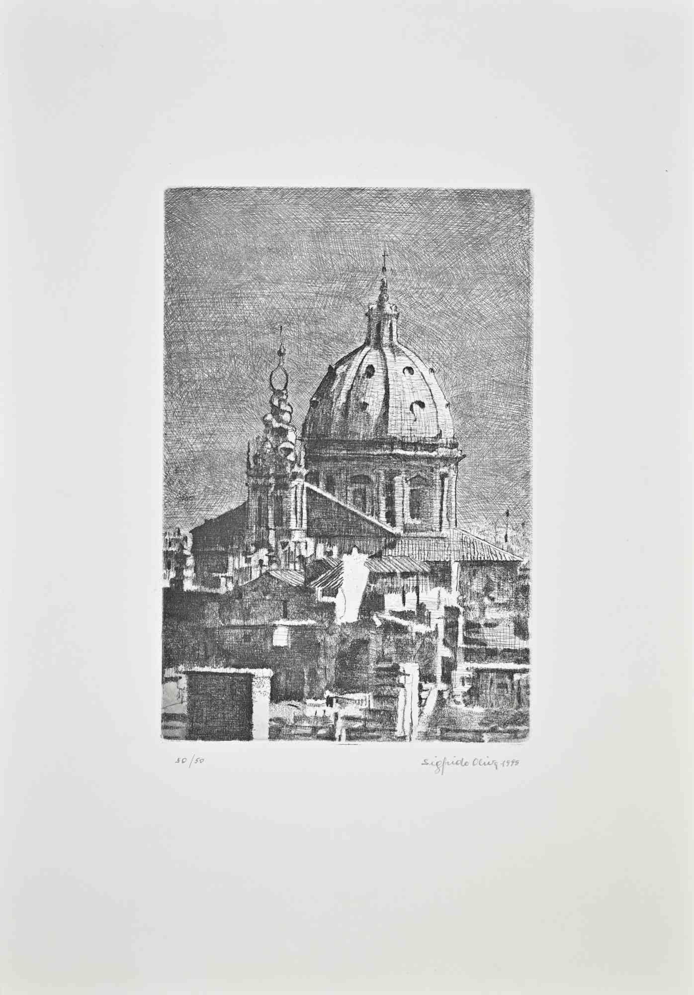 View of Rome - Etching by Sigfrido Oliva - 1999