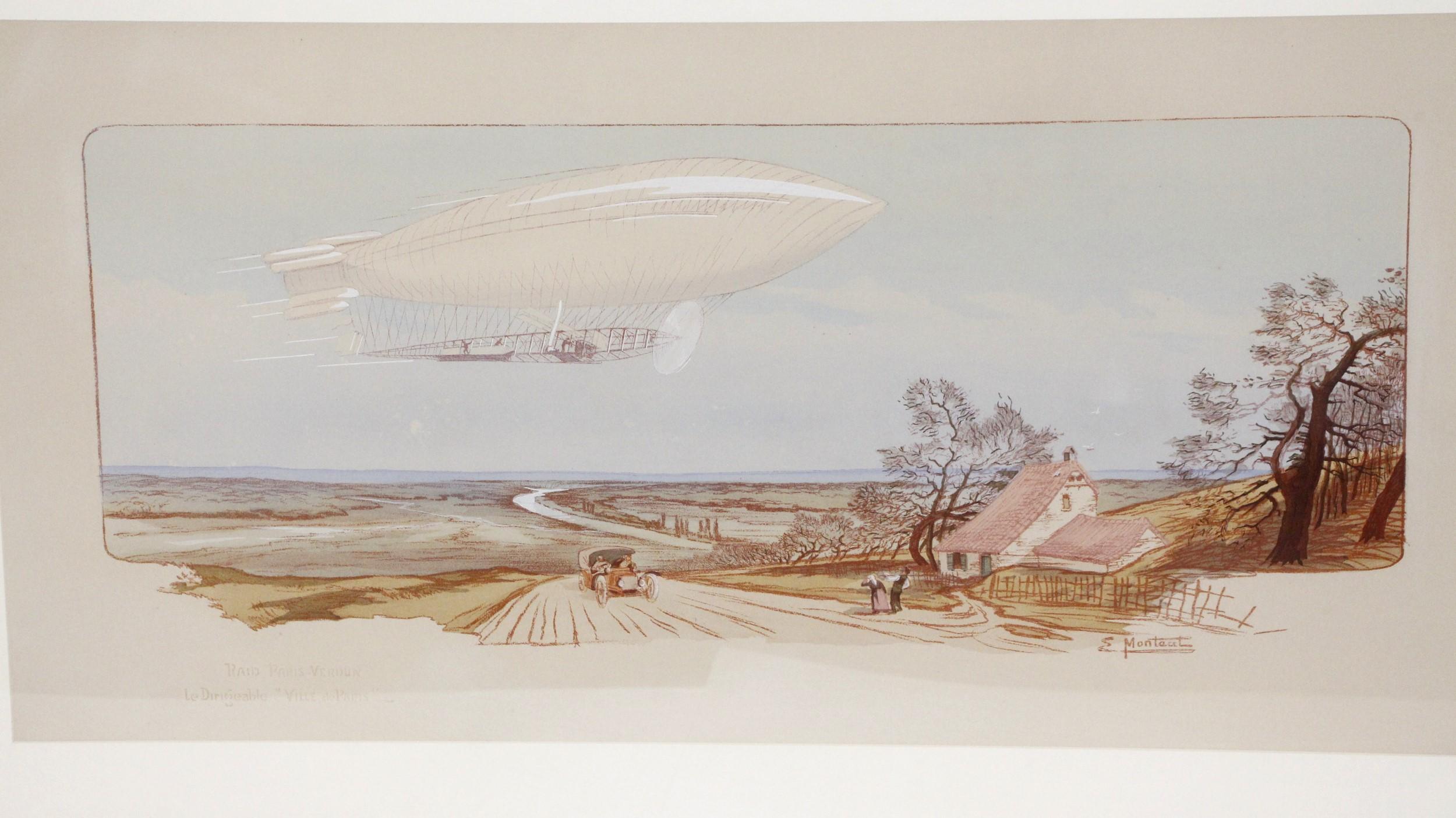 Early 20th Century French lithograph signed E(arnest) Montaut. Printed using the pochoir process style of printing where ink is applied through precut stencils. The scene depicts both a Zeppelin and an early car. The team of Gamy and Earnest Montaut