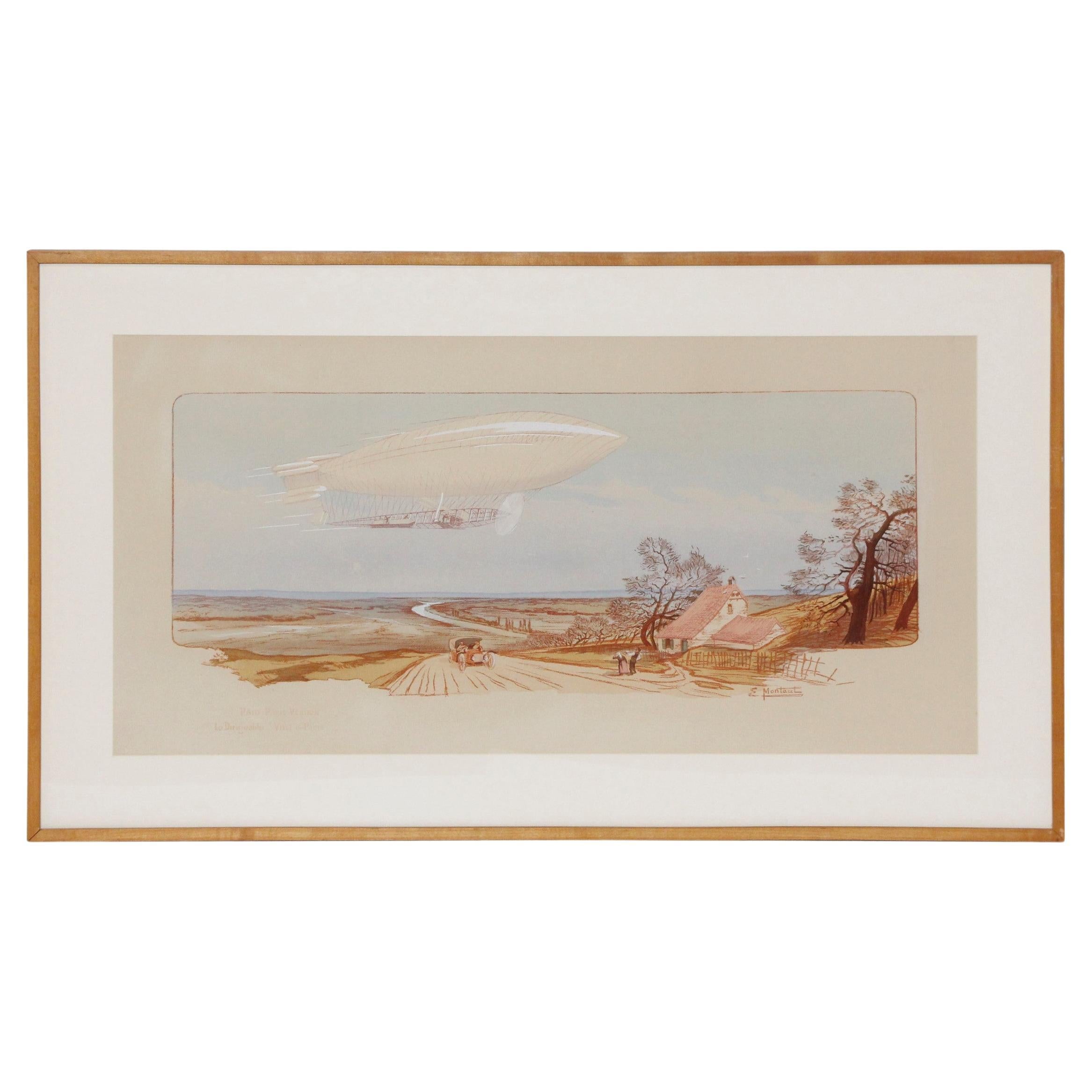 Lithographie française encadrée et mate Sighting Zeppelin signée E(arnest) Montaut