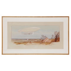 Sighting of Zeppelin Matted Framed French Lithograph Signed E(arnest) Montaut