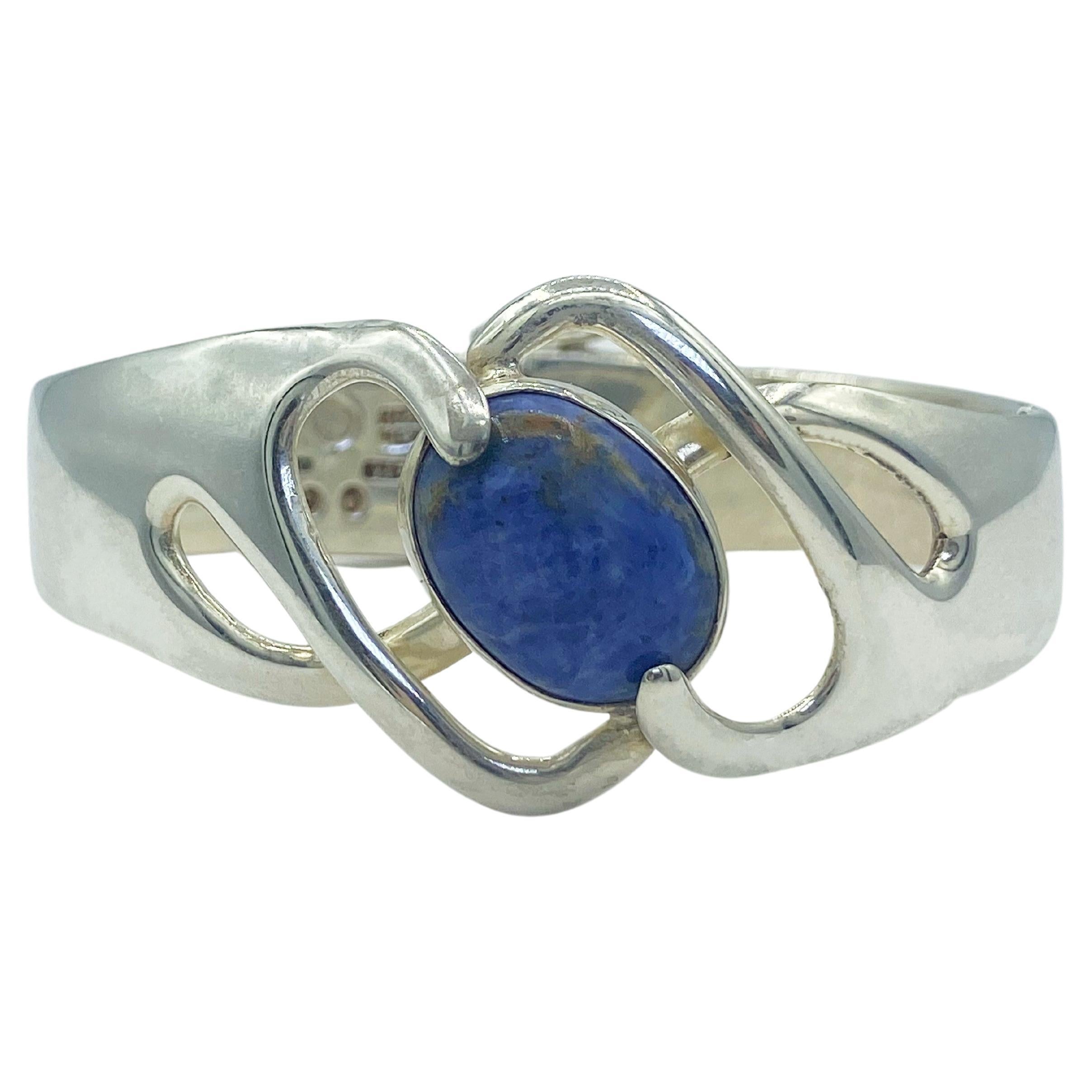 Sigi Pineda Blue Sodalite Sterling Silver Midcentury Hinged Clamper Bracelet For Sale