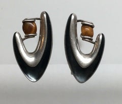 Sigi Pineda Taxco Sterling Silver Tiger's Eye Boomerang Screw Back Earrings #34