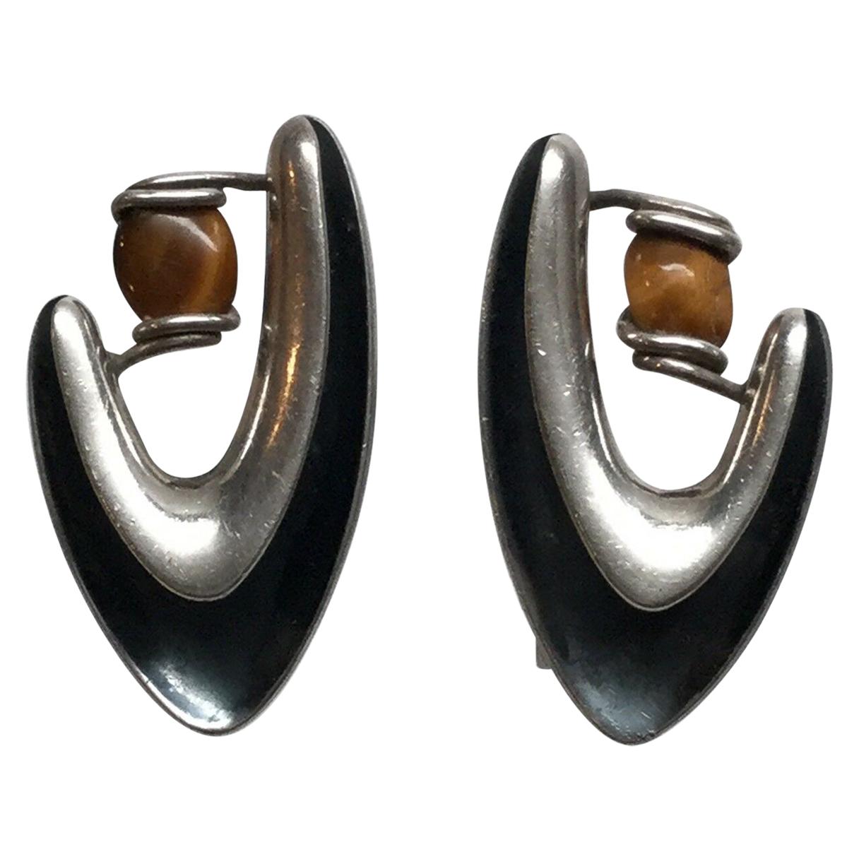 Sigi Pineda Taxco Sterling Silver Tiger's Eye Boomerang Screw Back Earrings #34
