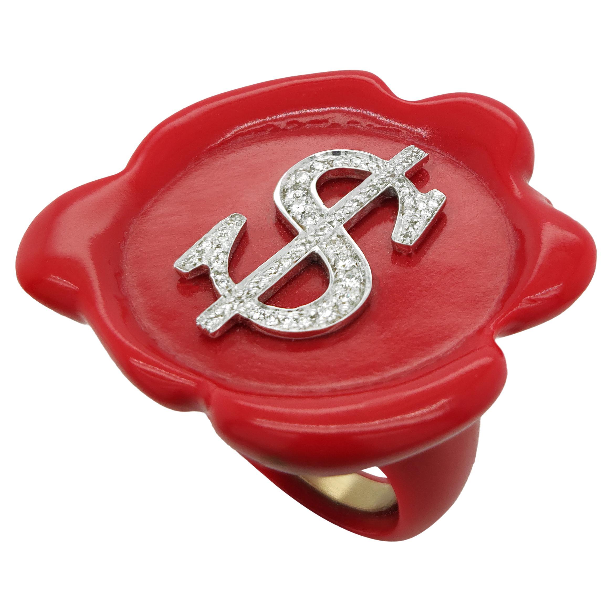 Sigillo Ring in Red Corian, 18K gold and diamonds For Sale