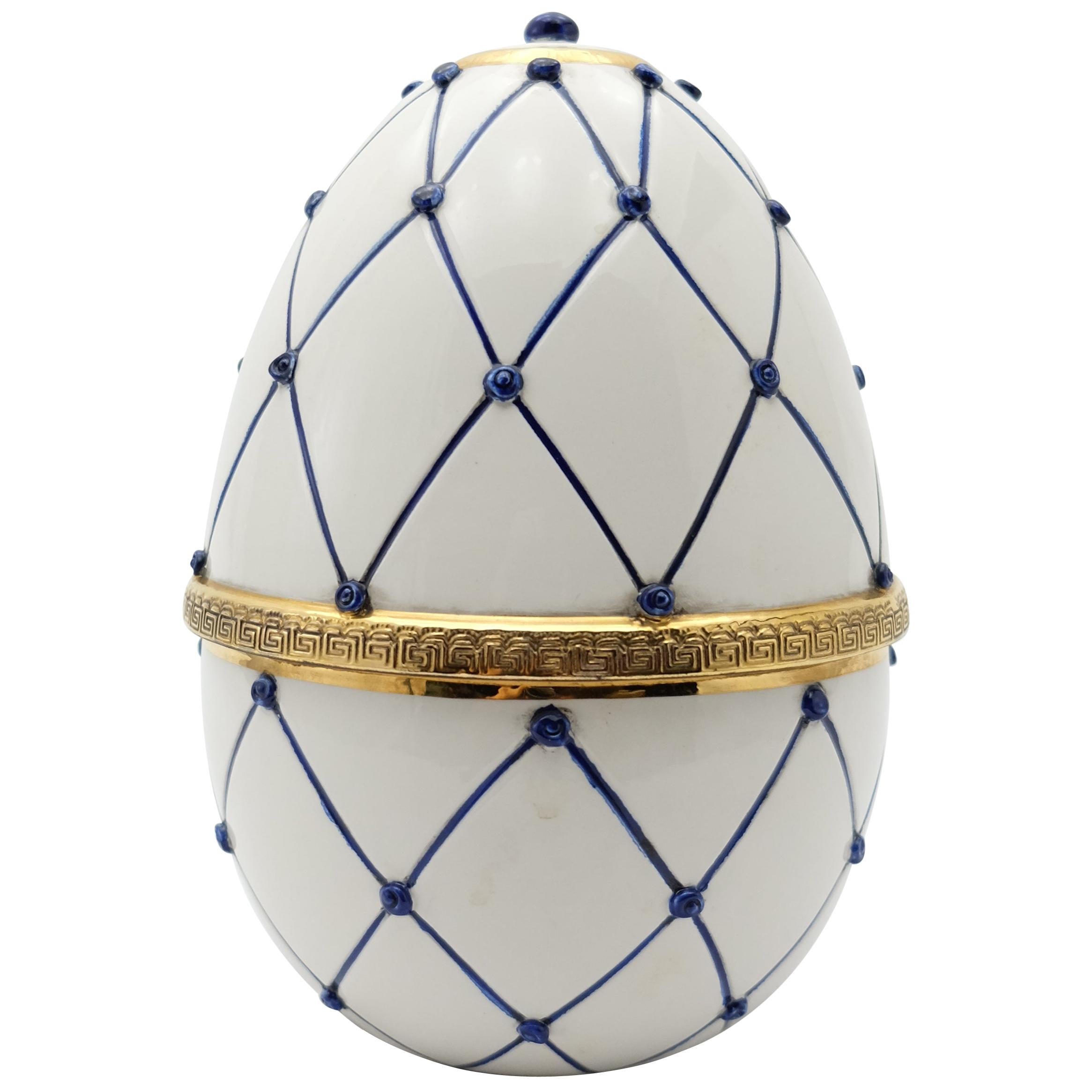 Sigma L2 Italian Ceramic Retentions Blue and Gilt Bronze "Egg Form" Covered Box For Sale