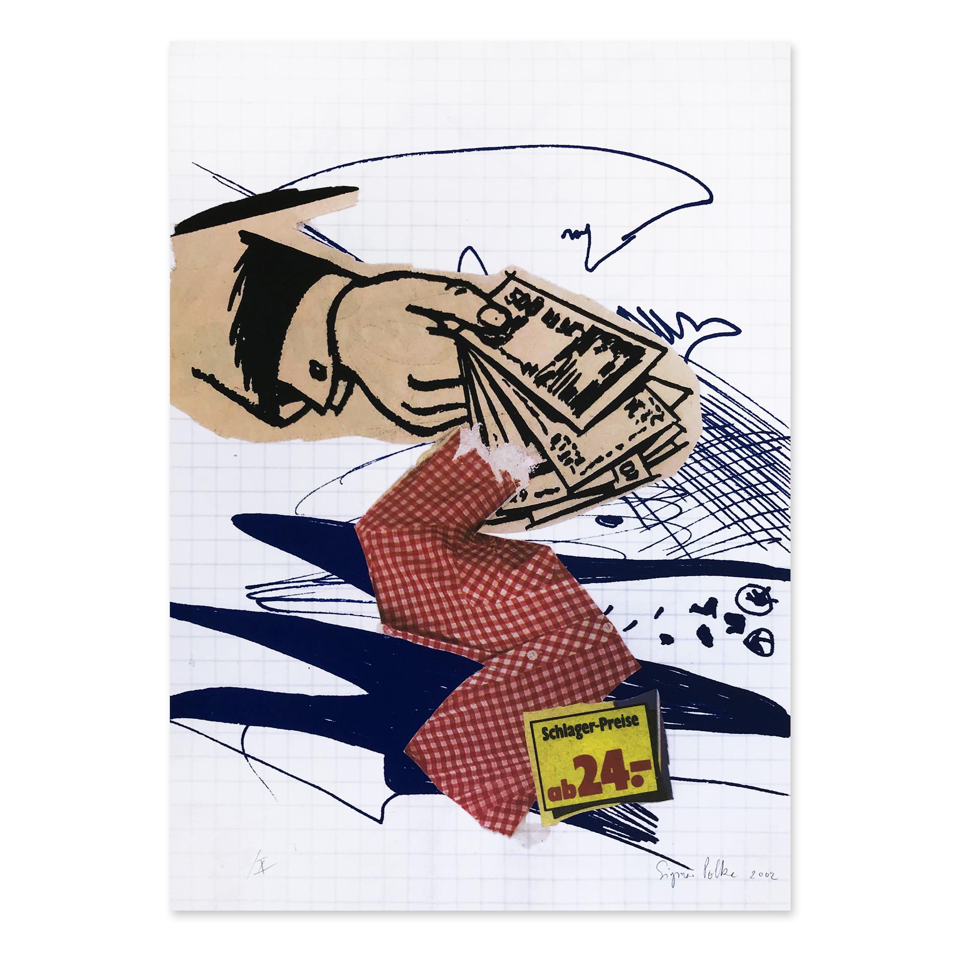 Sigmar Polke (Deutscher, 1941 - 2010)
Bargeld Lacht, 2002
Medium: Farboffset- und Siebdruck auf Karton
Abmessungen: 70 × 50 cm
Auflage von 70 + X: handsigniert, nummeriert und datiert
Zustand: Ausgezeichnet