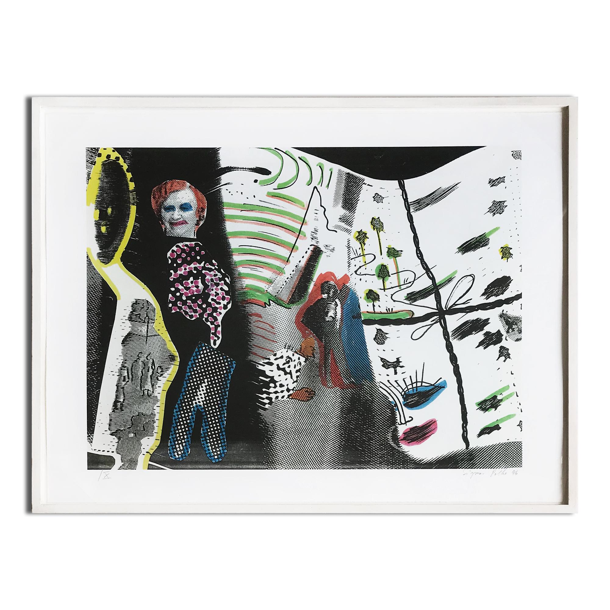 Sigmar Polke (Deutscher, 1941-2010)
S. schmeckt Pfirsich von H. (S. schmeckt Pfirsich von H.), 1996
Medium: Granolithographie in Farben mit Prägung, auf Büttenkarton
Abmessungen: 59,1 × 77,1 cm (23 3/10 × 30 2/5 in)
Auflage von 60: Handsigniert,