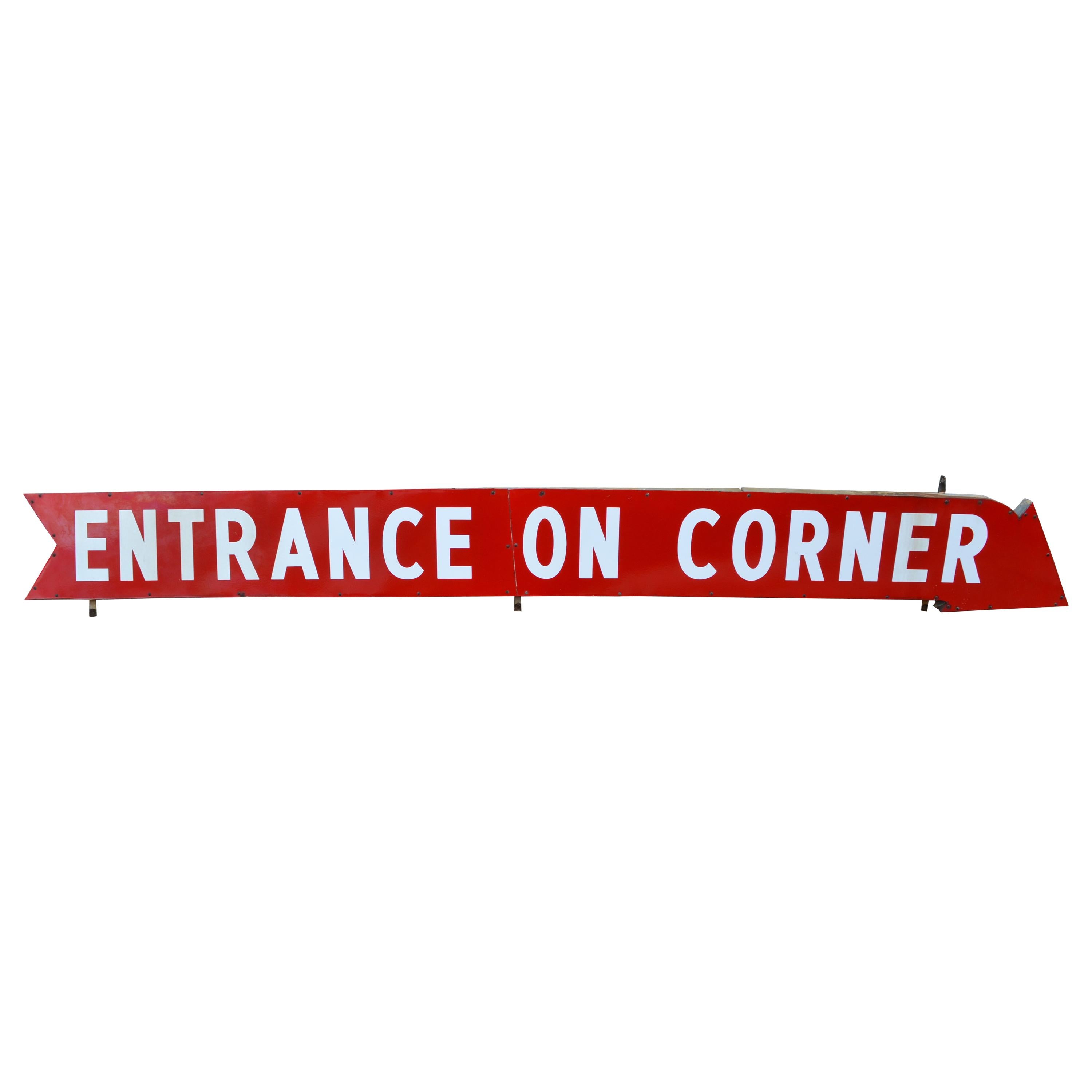 Sign as Arrow with Paint on Metal, circa 1930s "ENTRANCE ON CORNER"