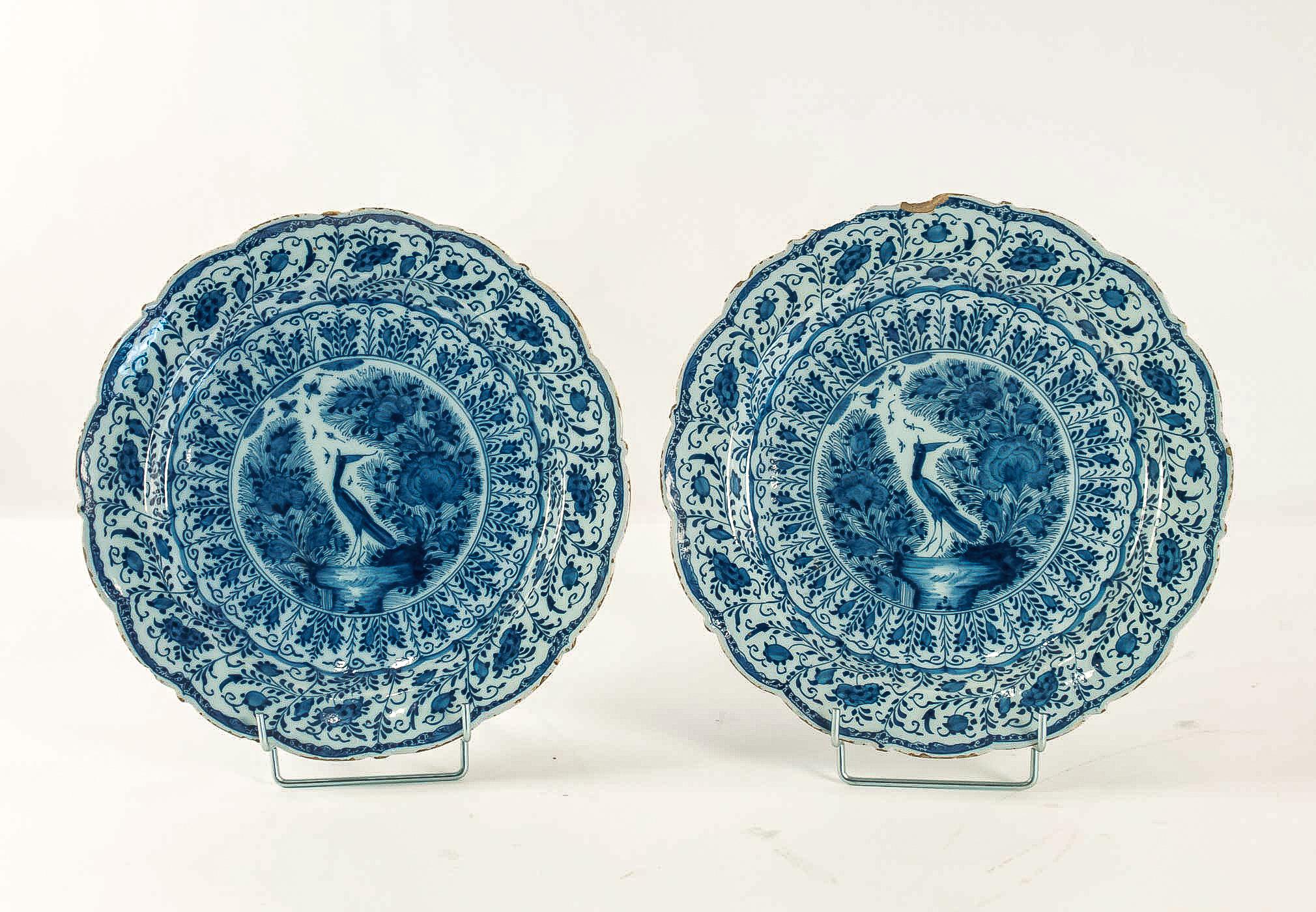 Dutch Sign by Ax, Mid-18th Century, Magnificent Pair of Faience Delft Round Dishes