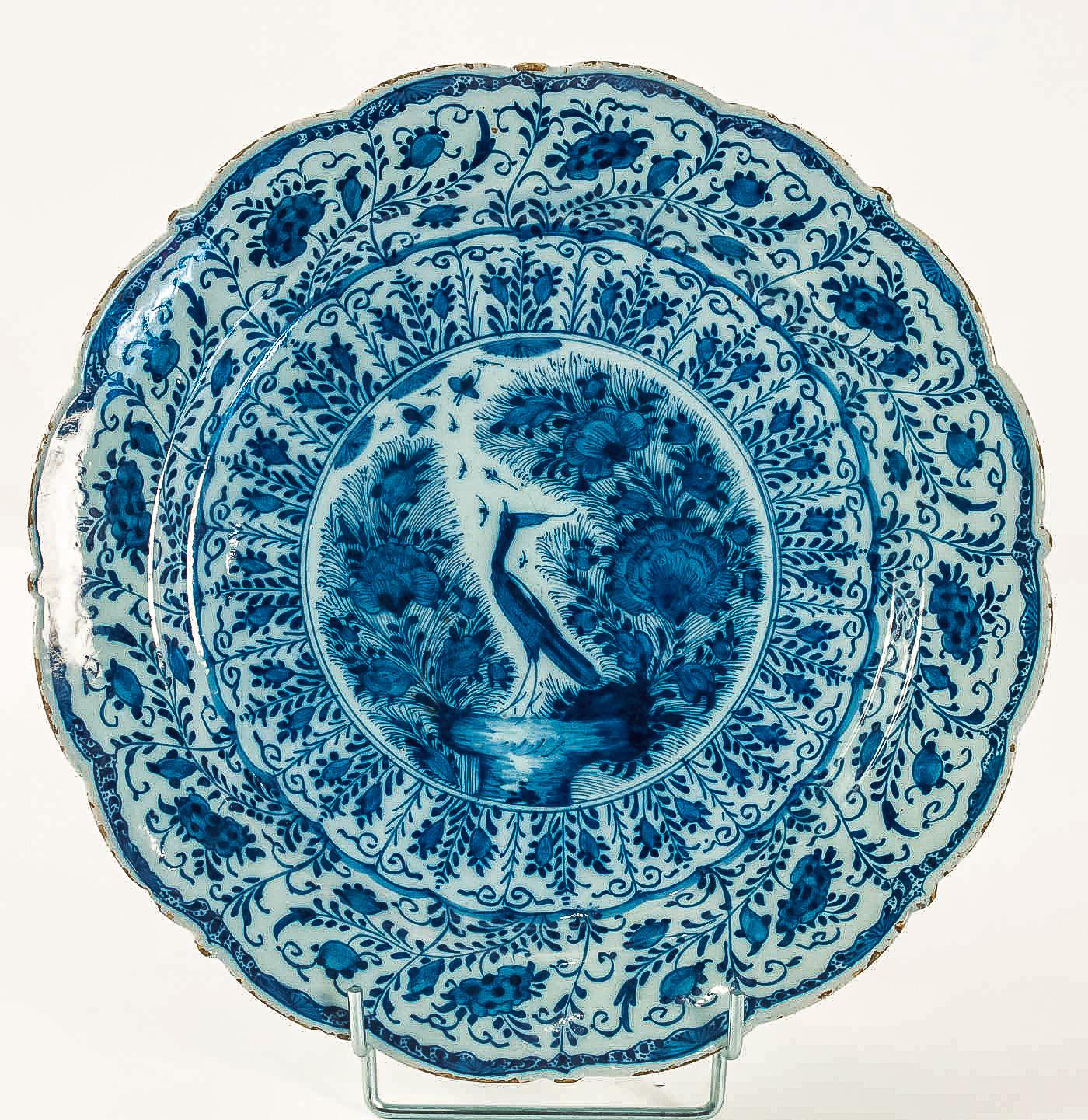 Hand-Painted Sign by Ax, Mid-18th Century, Magnificent Pair of Faience Delft Round Dishes