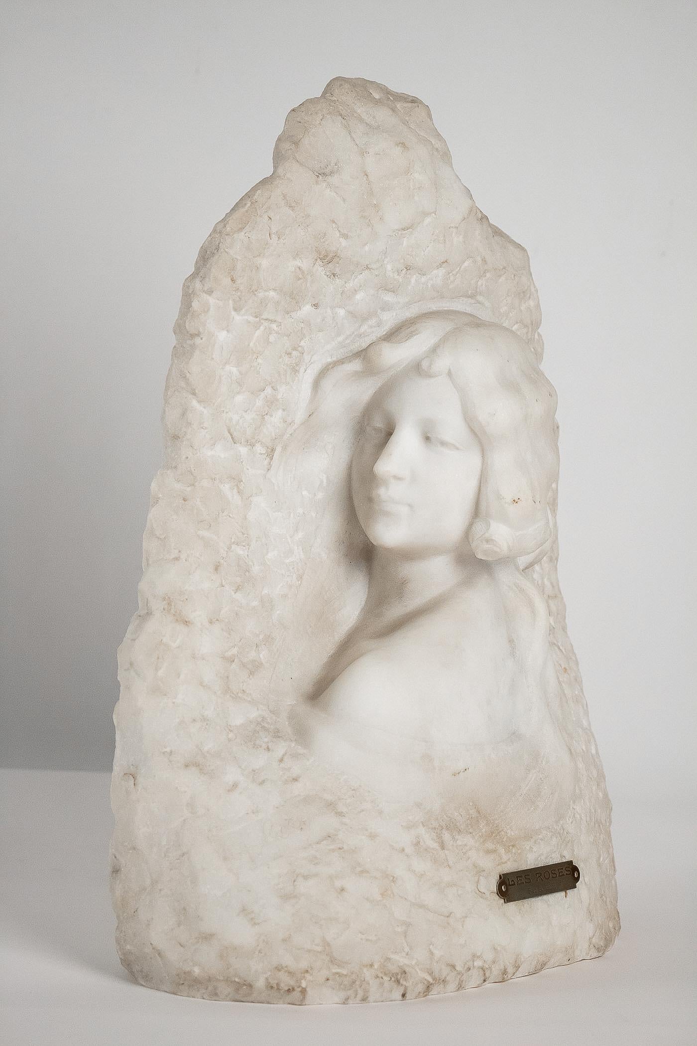 Hand-Carved Sign by Gory Affortunato White Carrara Marble Sculpture 'The Roses', circa 1900 For Sale