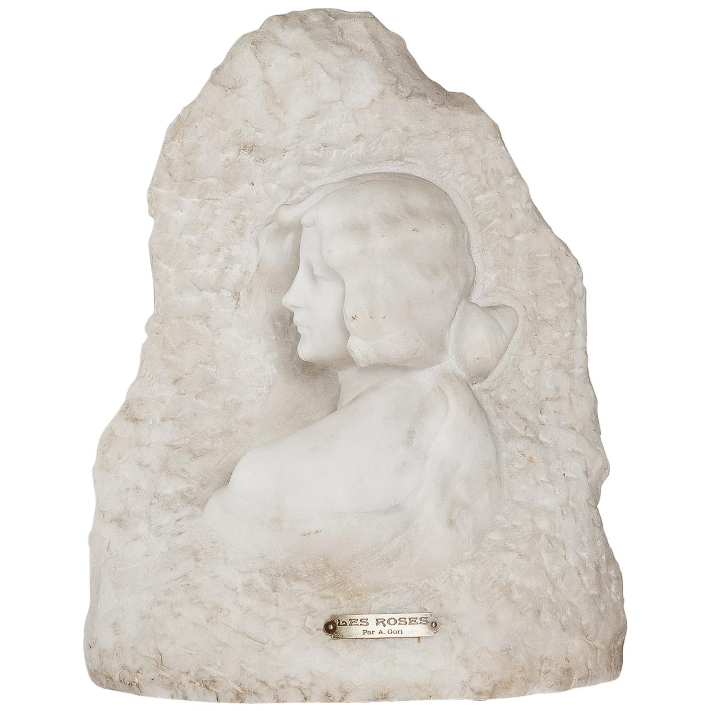Sign by Gory Affortunato White Carrara Marble Sculpture 'The Roses', circa 1900 For Sale
