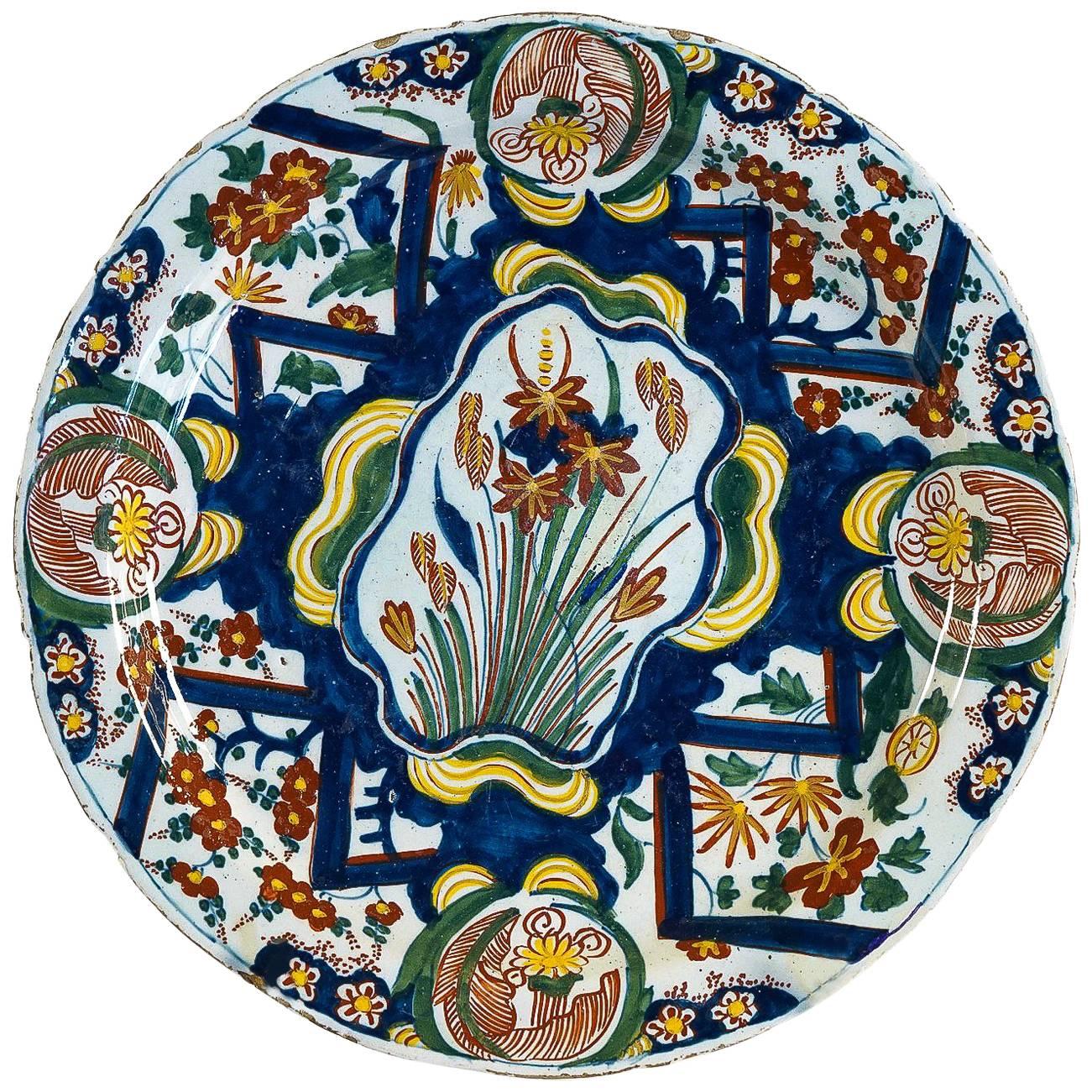 Sign by WK, Early 18th Century, Magnificent Faience Delft Polychrome Round Dish For Sale