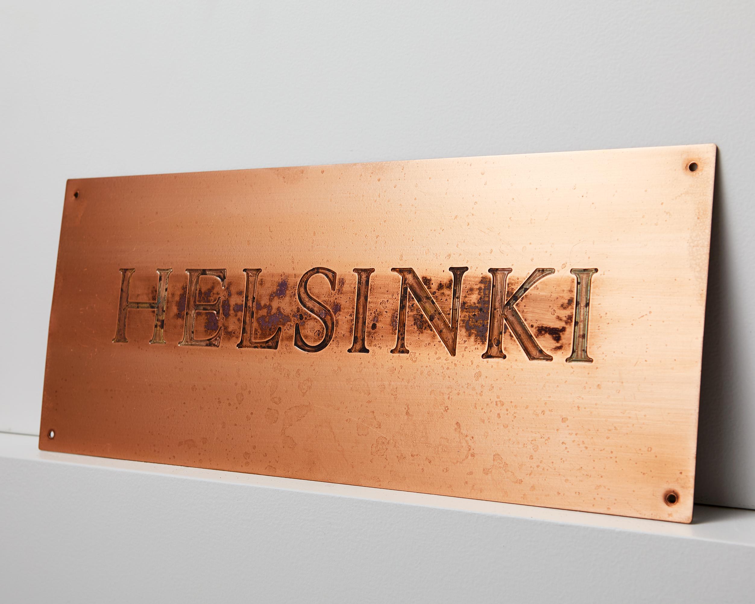 European 'Helsinki' Sign Designed by Jan Svenungsson, Copper, Unique, Sweden, 1991 For Sale