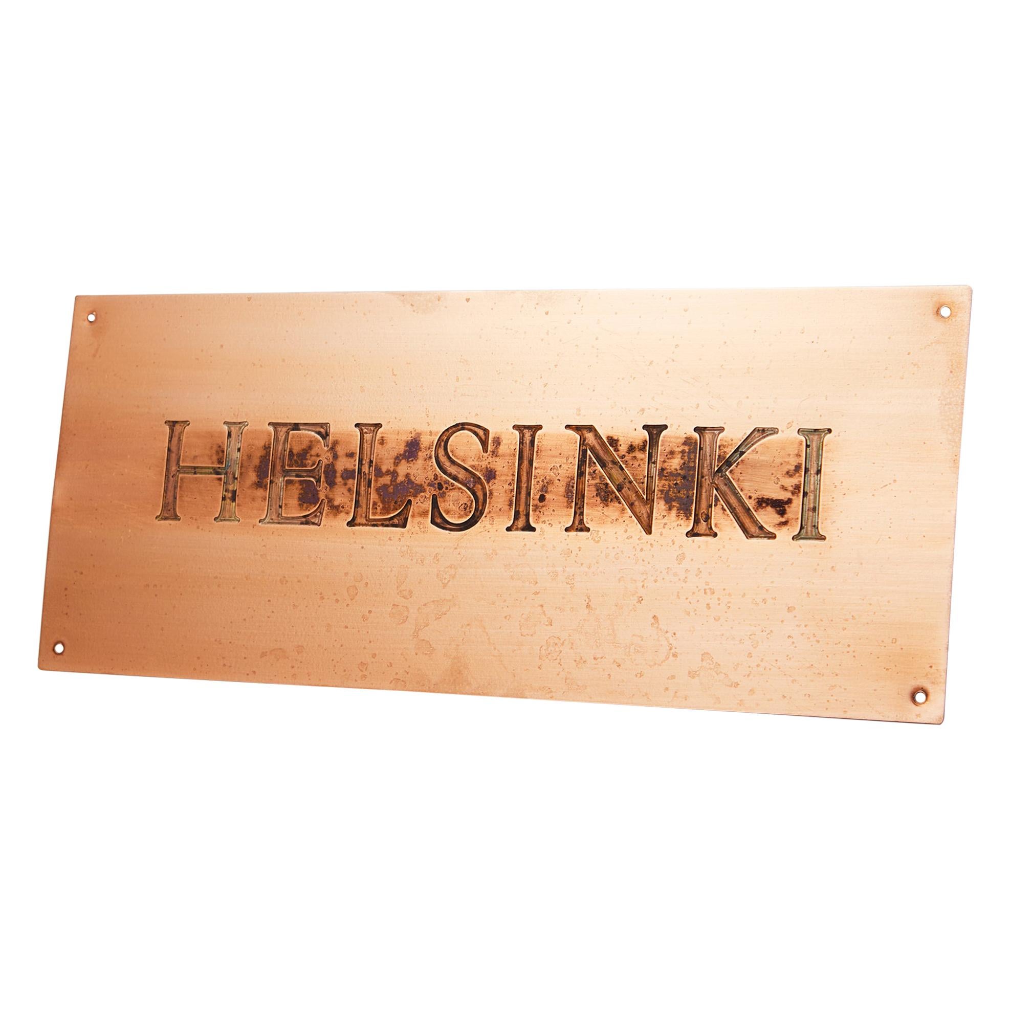 'Helsinki' Sign Designed by Jan Svenungsson, Copper, Unique, Sweden, 1991 For Sale